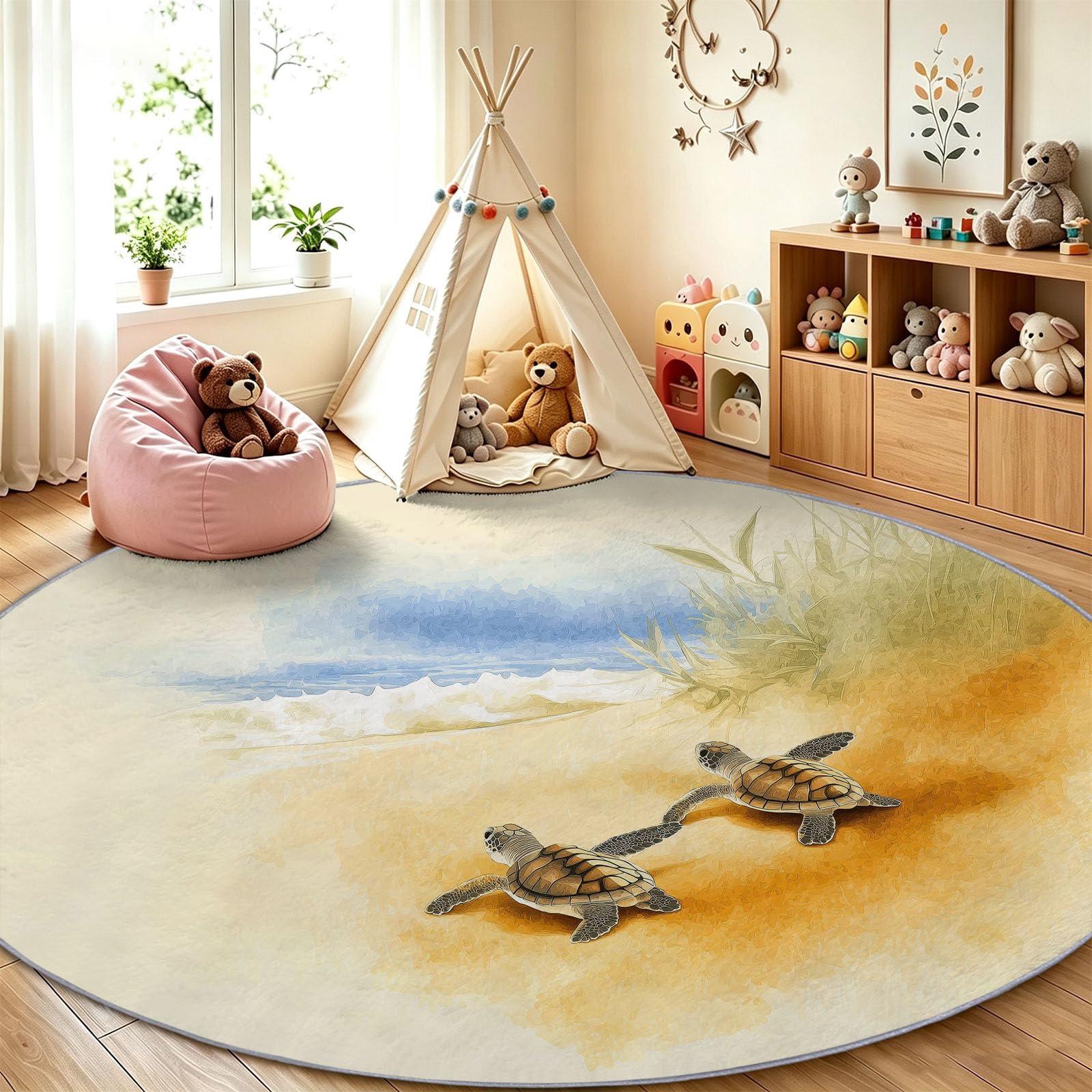 Générique Tappeto rotondo estetico oceano, 180 cm, tartaruga marina, spiaggia, costa, lavabile in lavatrice, per soggiorno, sala da pranzo, cameretta dei bambini, infermiere, pelo corto, morbido
