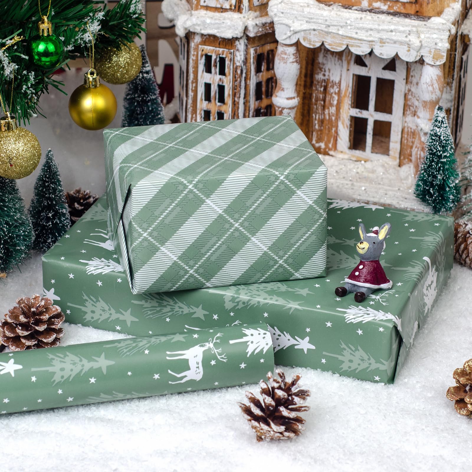 LDGOOAEL Rouleau de papier cadeau de Noël réversible Jumbo – Arbre de vacances argenté et rayures – 76,2 cm x 30,5 m