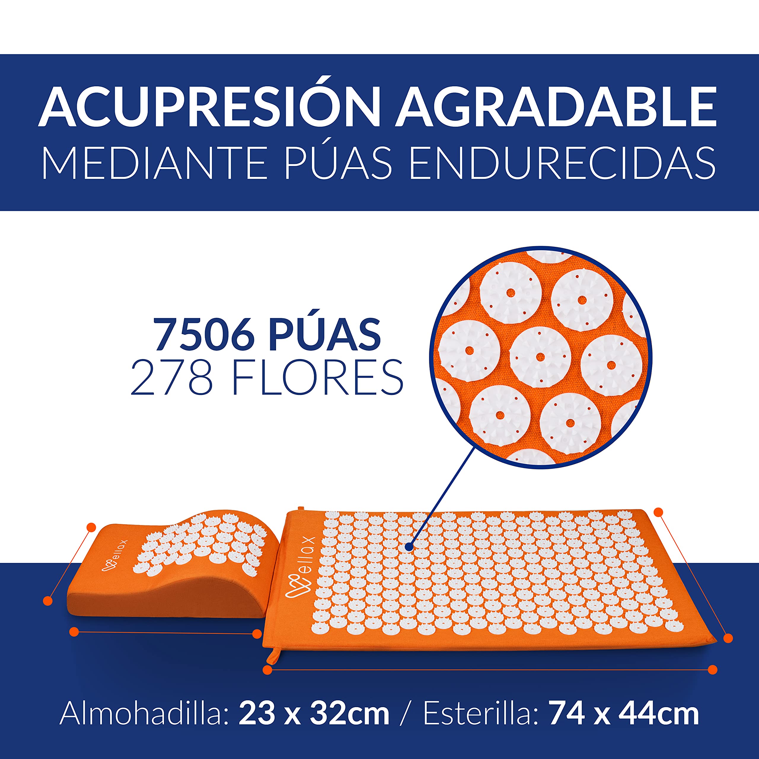 Wellax [El original] – Esterilla de acupresión con cojín – Relleno de 100% fibra de coco – Alivia la tensión y promueve la circulación sanguínea – Alfombrilla de masaje con cojín de acupresión