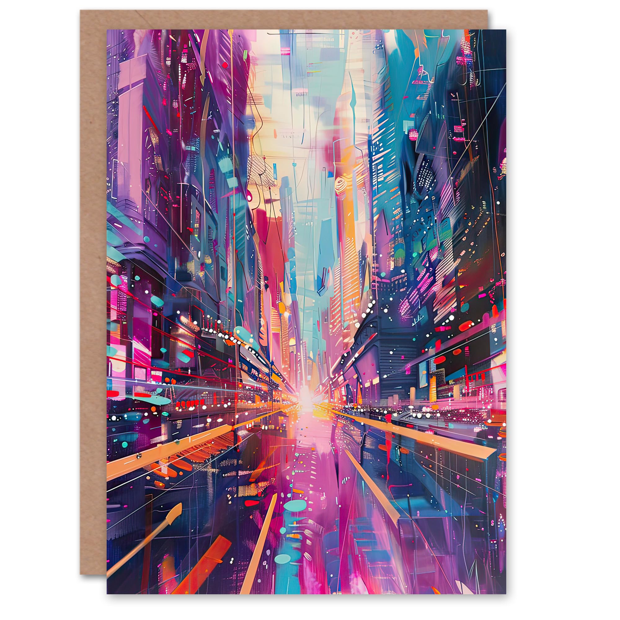 Artery8 Greeting Card Vibrant Japan Abstract Tokyo City Painting Blank For Him Or Her Art Birthday Card