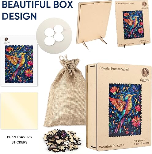 Miniatura 7 de delobil Rompecabezas de madera para adultos de 200 piezas, rompecabezas de madera de colibrí, rompecabezas de colibrí de forma única, regalos
