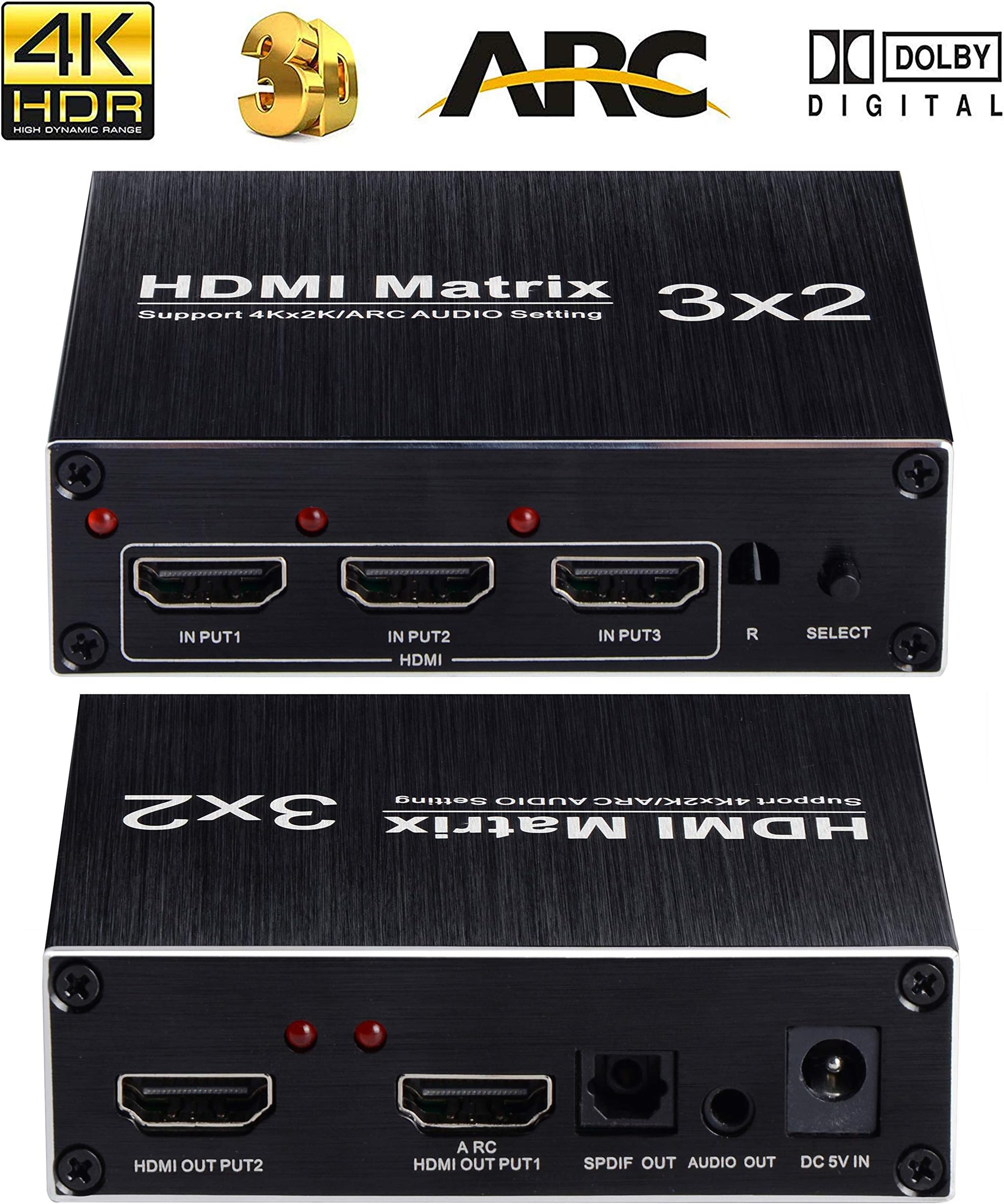 4K HDMI Switch 3 x 2 ARC HDMI Splitter with Remote, ZAMO 4K 3 in 2 Out HDR HDMI Switch Splitter with Aluminum Shell, Support 4K x 2K 60Hz 1080P 3D ARC with Optical TOSLINK & R/L Audio Extractor