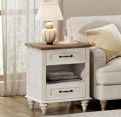 Miniatura 20 de WAMPAT Mesa auxiliar blanca con 2 cajones y estación de carga, mesita de noche de mediados de siglo para dormitorio con tomas de corriente y puertos