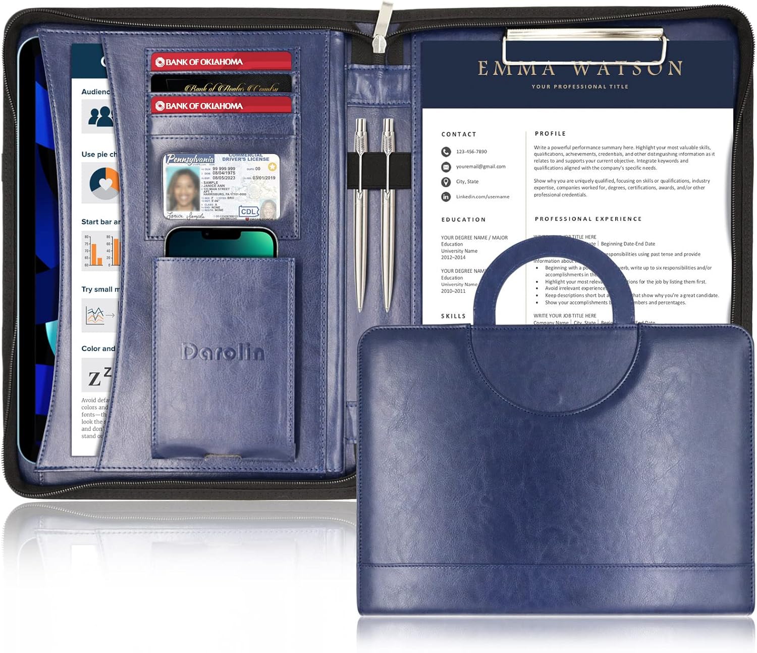 Buy Darolin Zippered Leather Padfolio Portfolio with [Hidden Handle