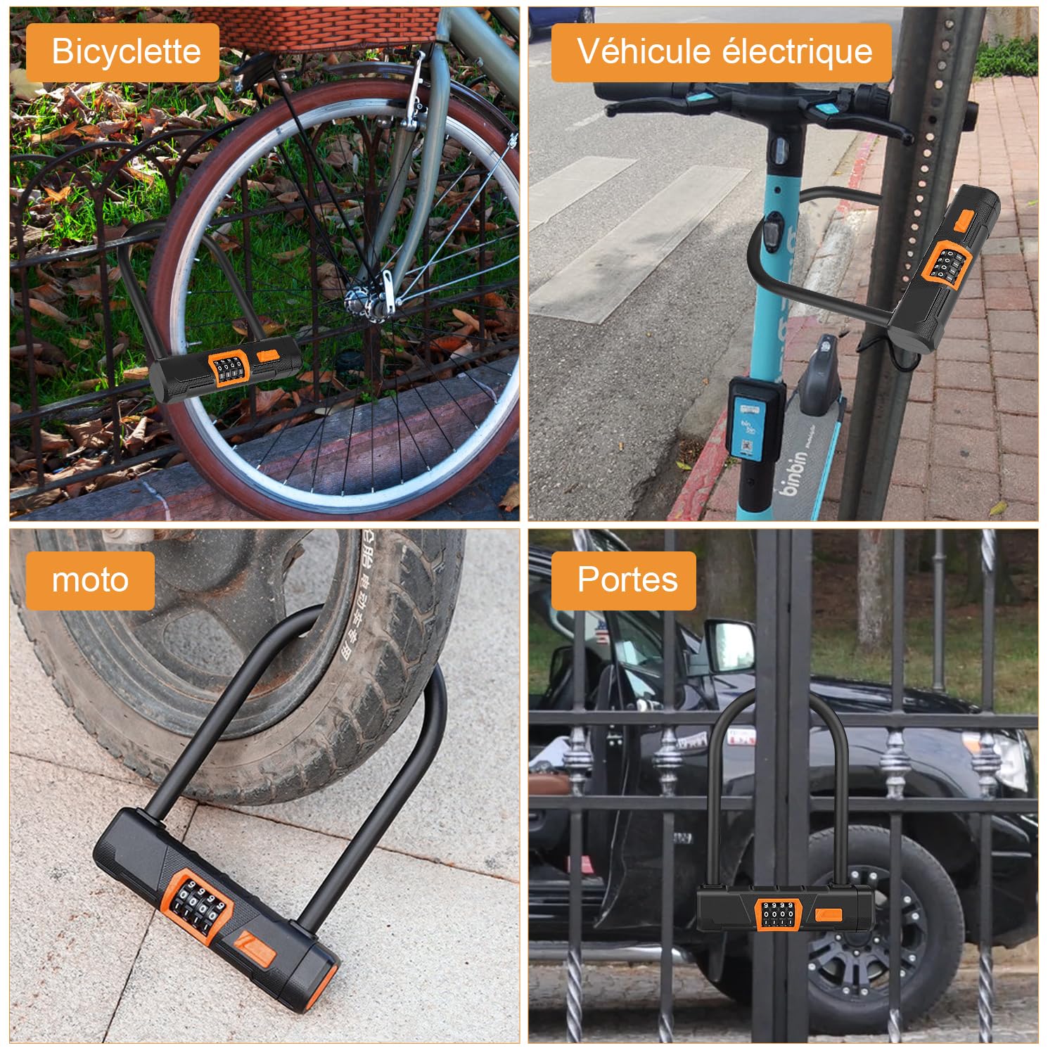 Antivol de vélo U avec Câble, antivol à combinaison à 4 chiffres, avec câble de 1,2 m pour vélo, Serrure de vélo scooter électrique, moto, porte