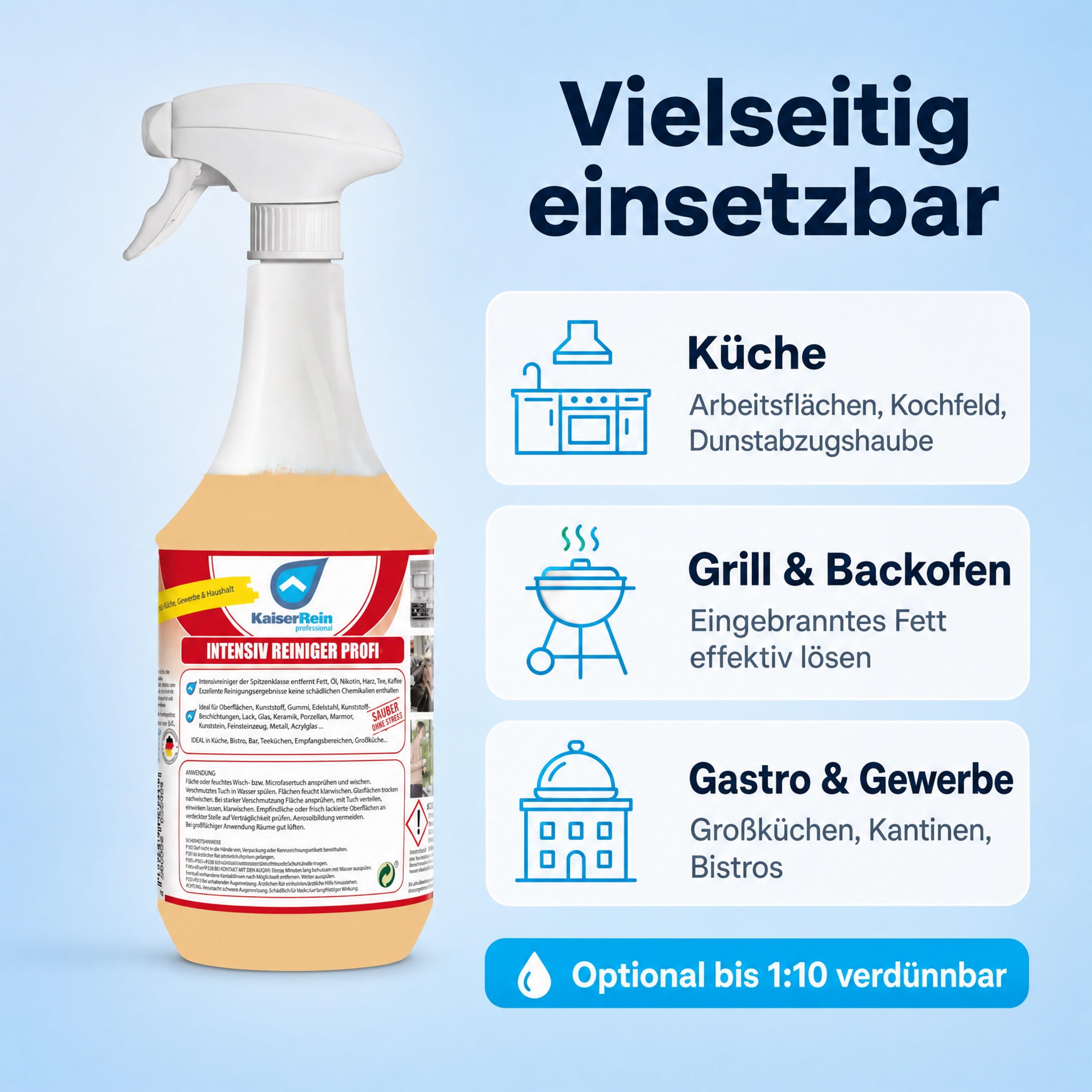 KaiserRein Intensivreiniger Küchenreiniger 3x 1L – Profi Fettlöser Spray – Kraftvolle Reinigung für Küche, Grill, Arbeitsflächen & Edelstahl – Entfernt Fett und hartnäckige Verschmutzungen