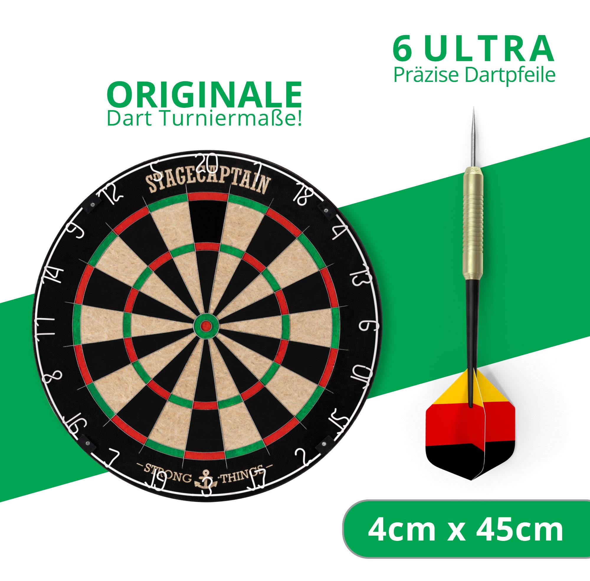 Stagecaptain DBS-1715 Bullseye Pro Cible de Fléchettes Complète - Steeldarts en Sisal, Tapis Caoutchouc, Support réglable, 6 fléchettes, 4 Sets de Flights - Or.
