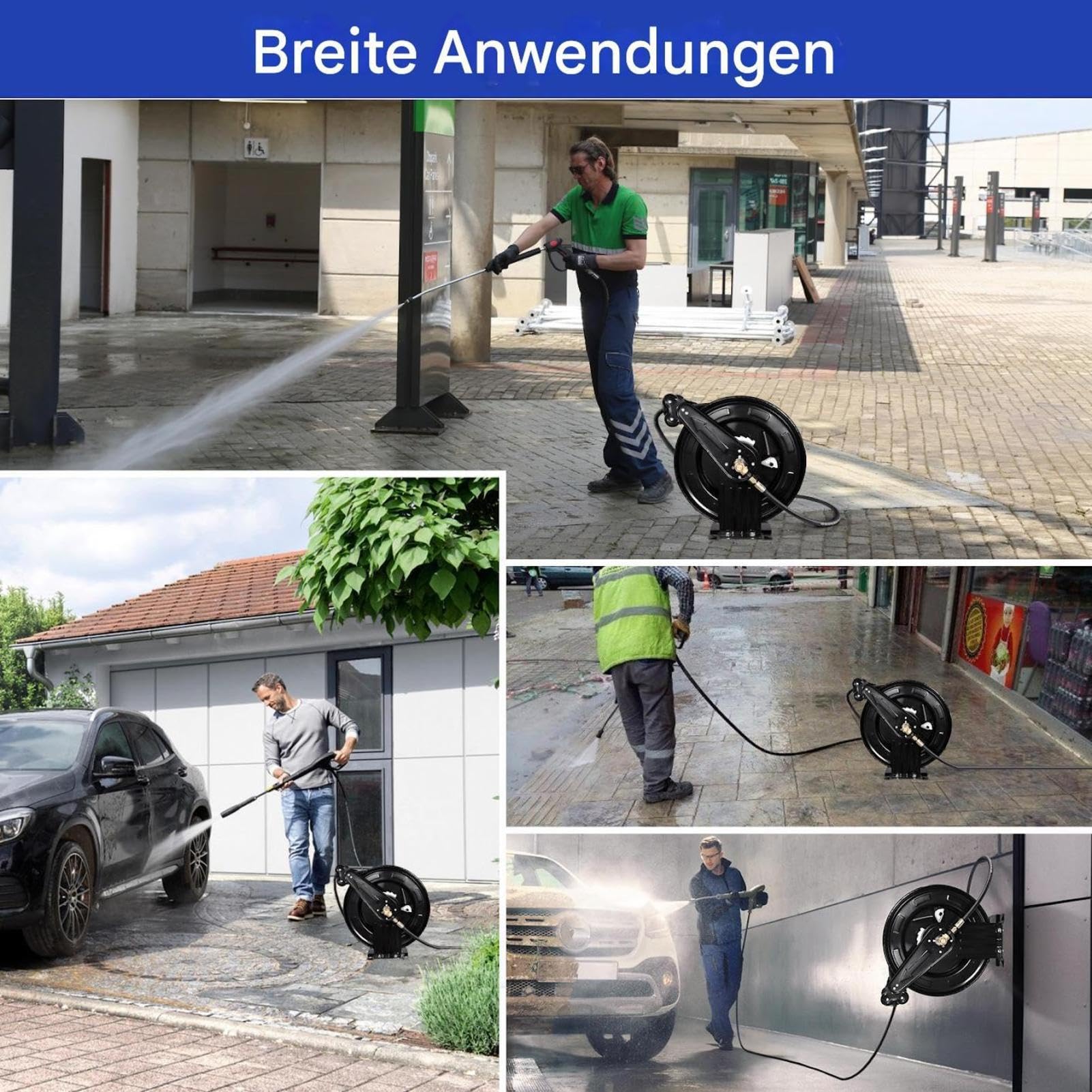 Carrete de manguera retráctil de doble brazo, retráctil automático para agua/aire/aceite, 4000 PSI, acero resistente, profesional, manguera de lavado a presión