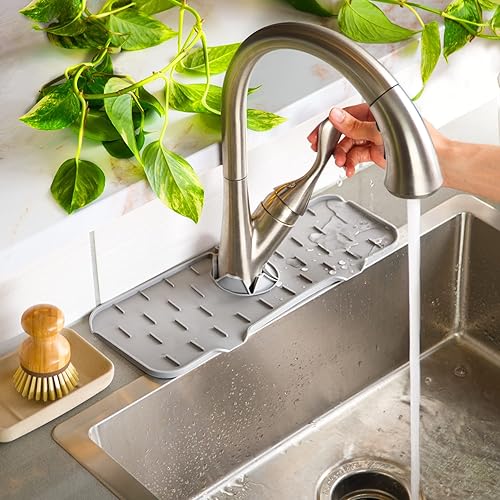 Ternal Tapete de silicona para bandeja de goteo con mango de grifo, alfombrilla de silicona para grifo de platos, soporte de esponja de jabón para