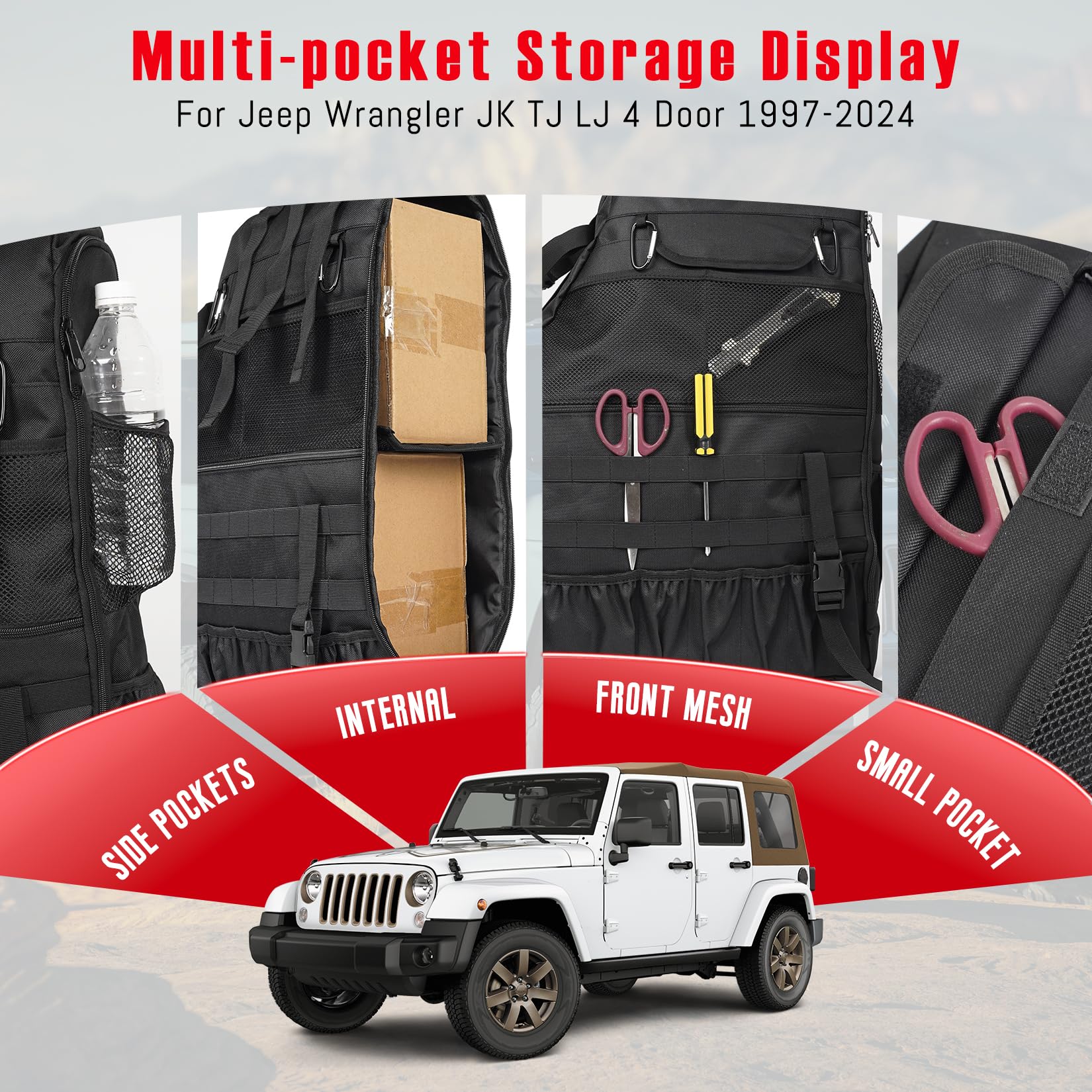 Überrollbügel-Aufbewahrungstasche für Jeep Wrangler JK TJ LJ 4-Türer 1997–2024, Multi-Pocket-Cargo-Tasche für Jeep Wrangler, wasserdicht, Wandern, Camping, Organizer, Aufbewahrungstasche für