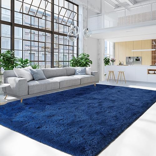 Terrug Alfombras esponjosas de área grande para sala de estar, dormitorio, alfombra azul marino de 6 x 9 pies, alfombra de pelo largo, alfombra de