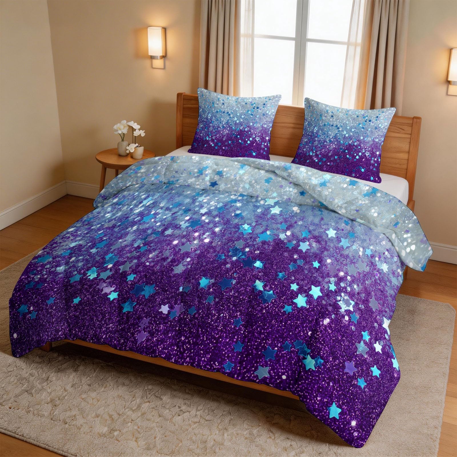 Dwustronna kołdra pikowana, 260 x 220 cm, 260 x 220 cm, fantazyjna gwiazda, miękka, sprana, bawełniana, ciepła kołdra na łóżko na każdą porę roku, brokatowe cekiny w gwiazdki, można prać w pralce