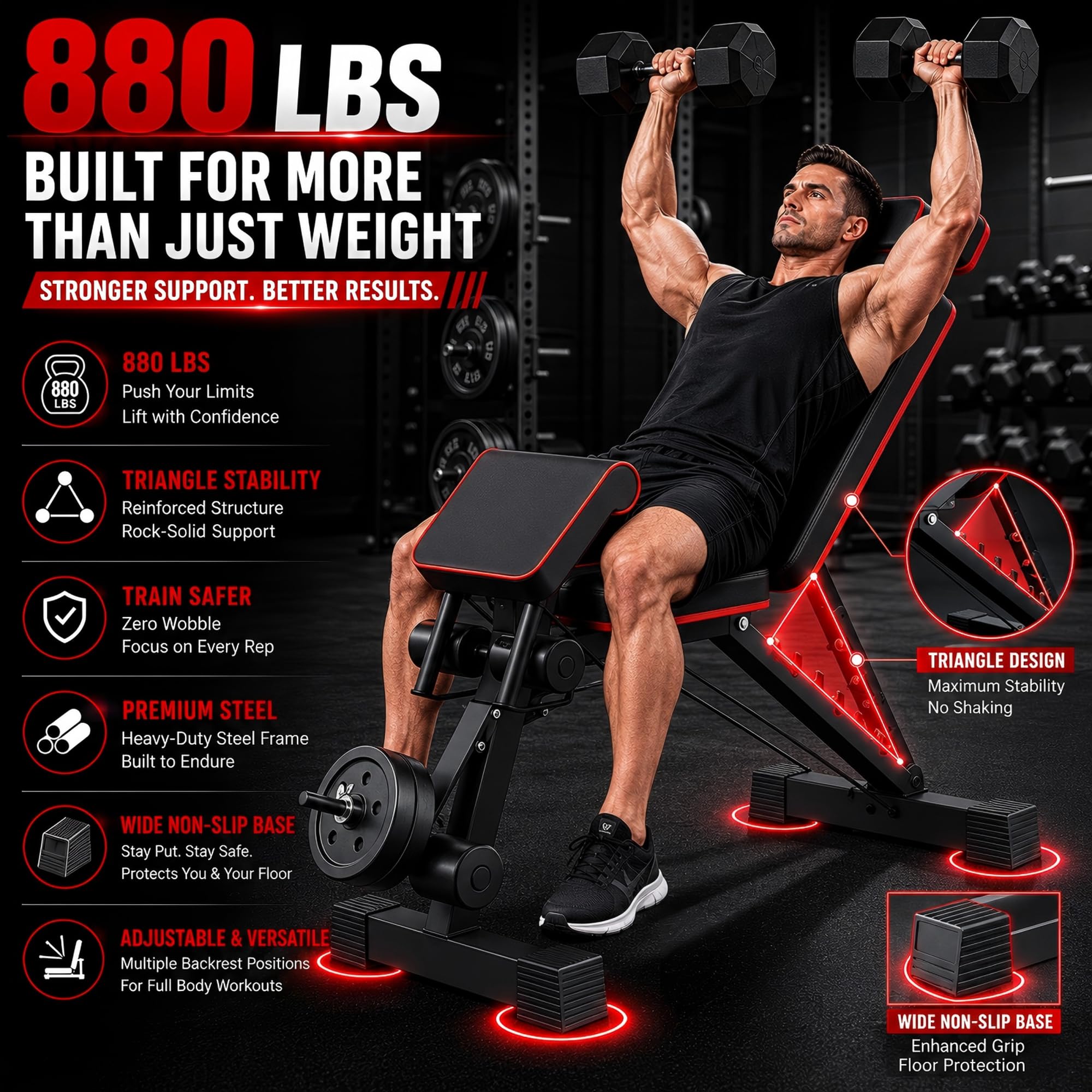 Adjustable Weight Bench, Foldable Workout Bench Press for Home Gym | Heavy duty utility incline decline flat bench with preacher curl, leg extension for full-body strength training.