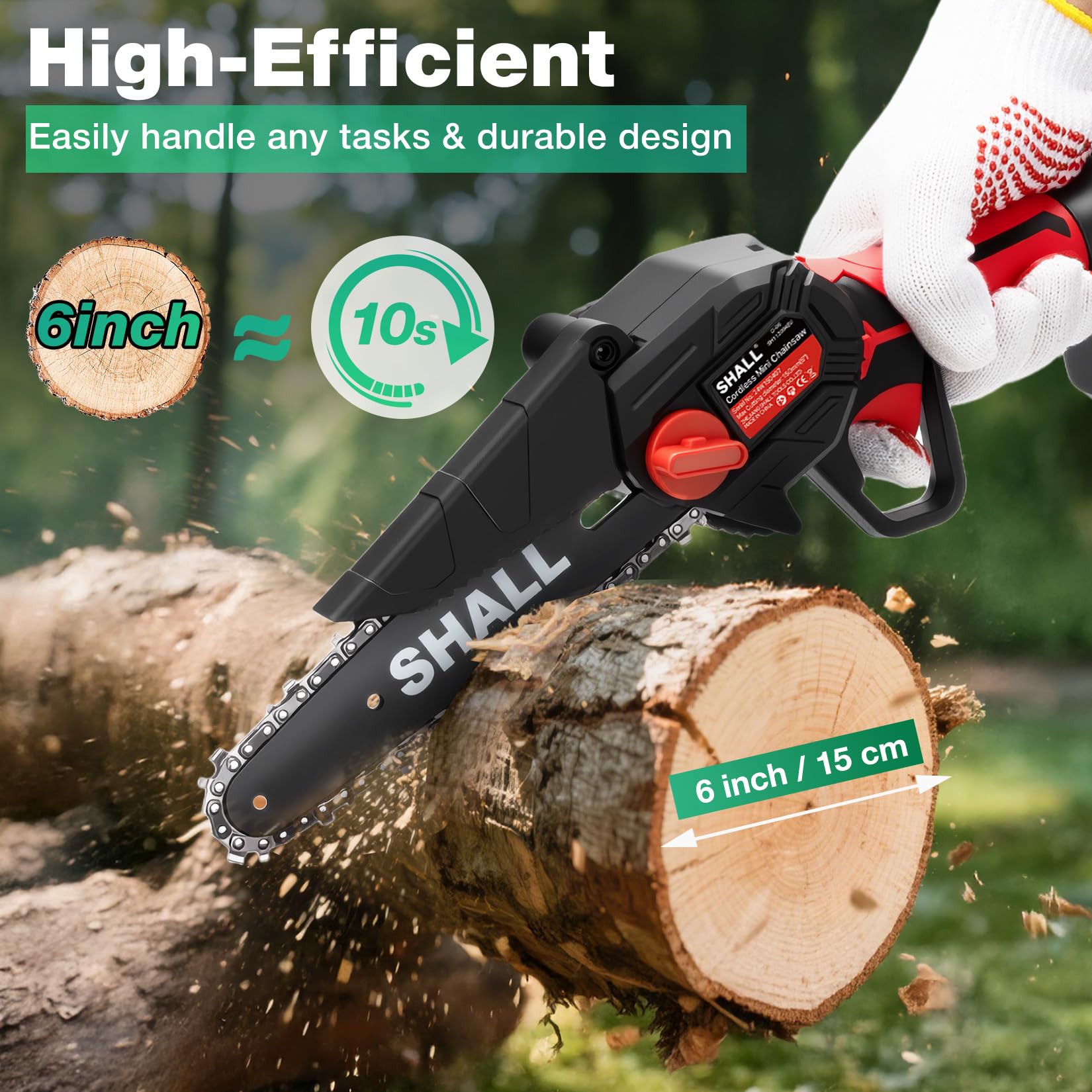 SHALL Mini tronçonneuse portable,Moteur sans balais 21 V,2 batteries à charge rapide,4 chaînes, coupant des branches, de jardinage meilleur choix pour mari, père, amateurs de bricolage en bois