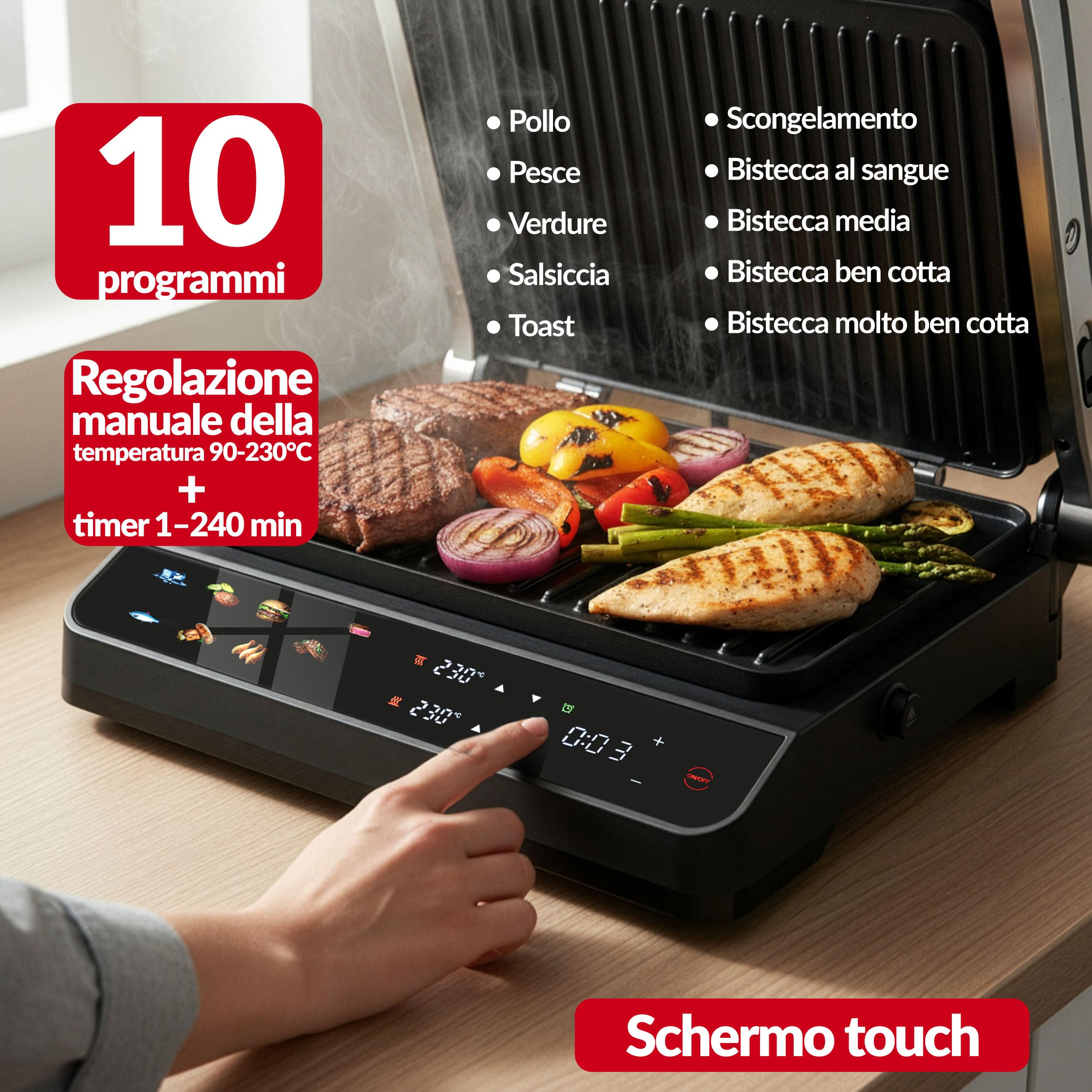 LEHMANN Bistecchiera Elettrica, 2000 W, Apertura 180°, Piastre Antiaderenti Rimovibili, 10 Programmi, Regolazione Temperatura 90-230°C, Timer 1-240 min, Griglia per Cucinare Carne, Pesce e Verdure