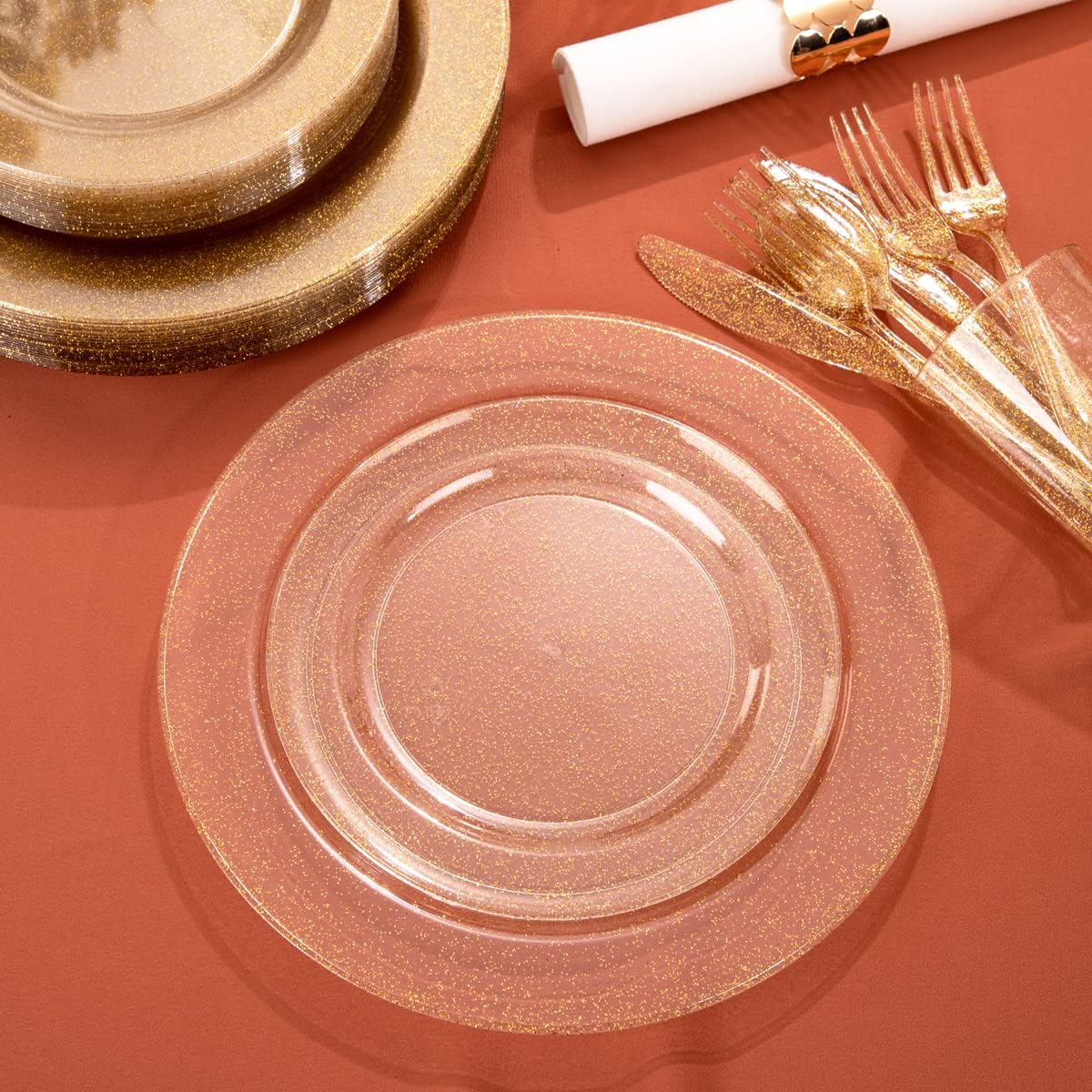 I00000 102PCS Gold Glitter Plastic Plates, Gold Glitter Disposable Plates Clear Plastic Party Plate Include 51 Dinner Plate 10.25 and 51 Dessert Plate 7.5 for Parties &Wedding