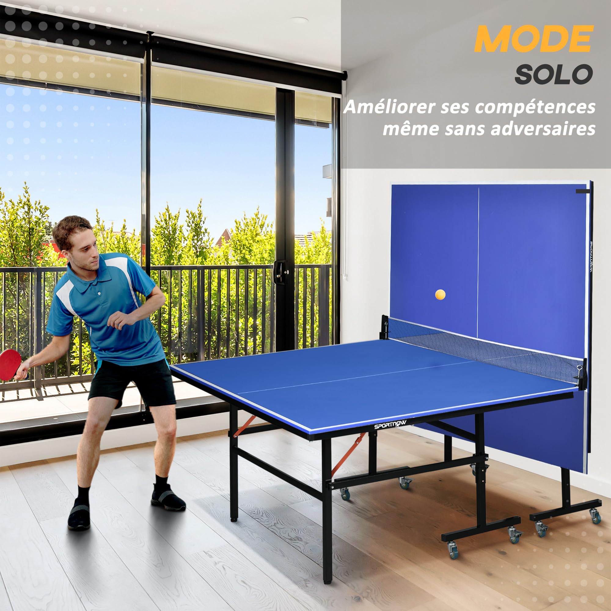 SPORTNOW Table de ping Pong Table de Tennis de Table Pliable Mode Solo compacte avec 2 Raquettes 3 balles Filet de Jeu 8 roulettes pour intérieur et extérieur dim. 274L x 152,5l x 76H cm Bleu