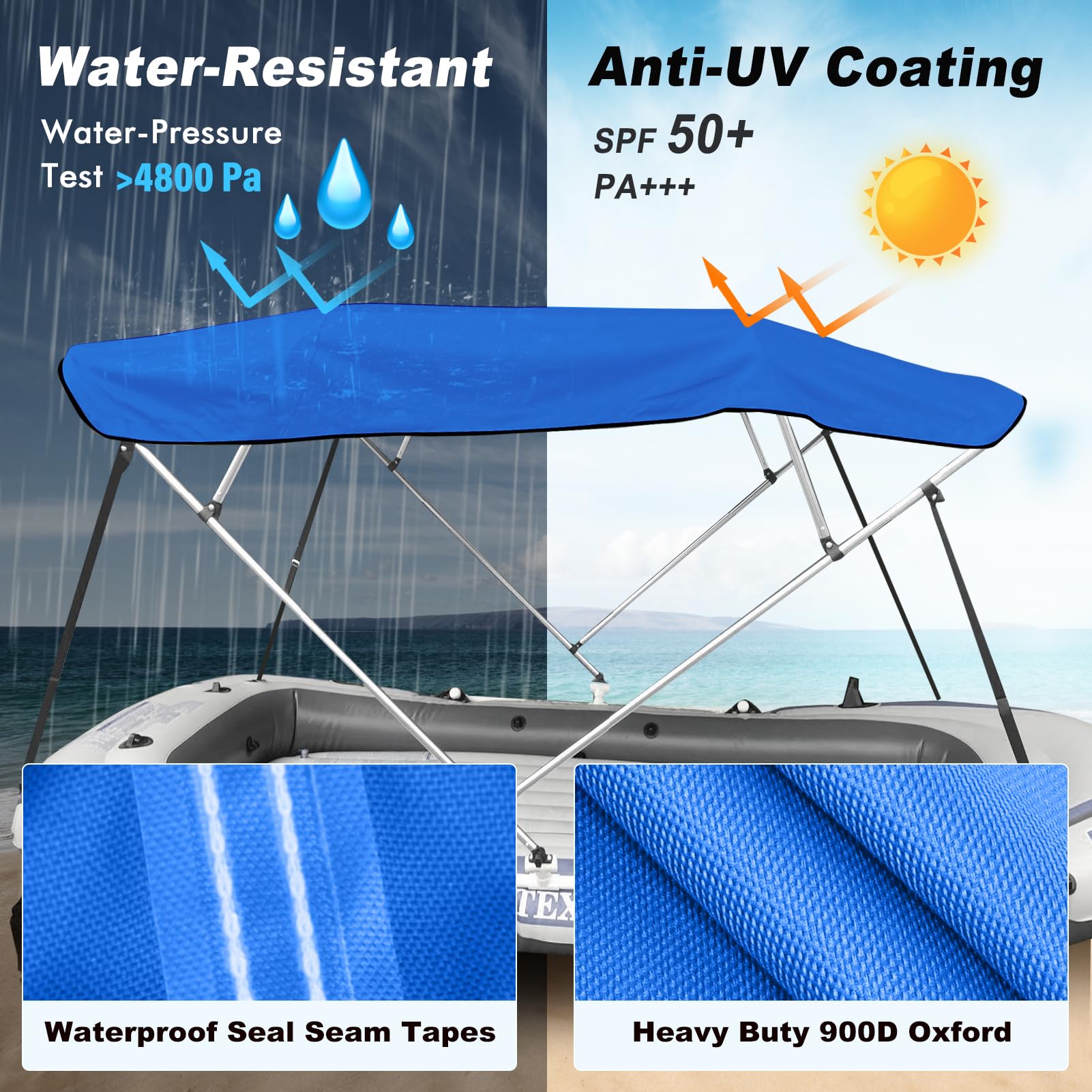 Bimini Top Replacement Canvas With Storage Boot - 6' Length, 54-60" Width, Waterproof 900D Fabric, Zipper Sleeve, Light Hole