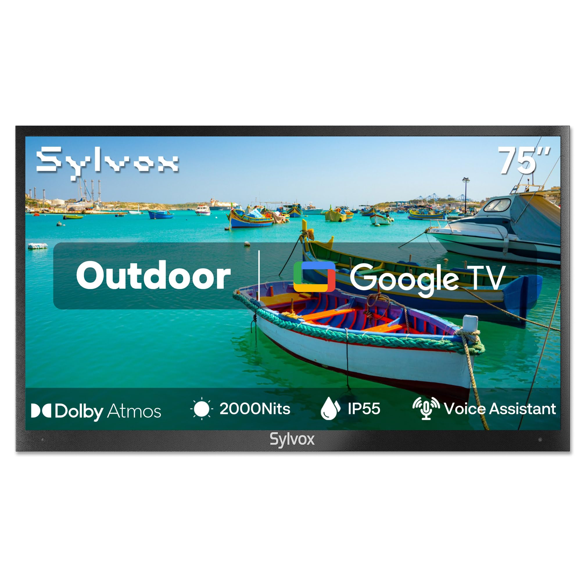 SYLVOXNew 75” Outdoor Smart TV, Superior Waterproof Performance, Upgraded Matte Finish for Enhanced Anti-Glare Effect, Full Metal, with Dolby Atoms, 2000nits, Full Sun Pool Pro 2.0+ Series