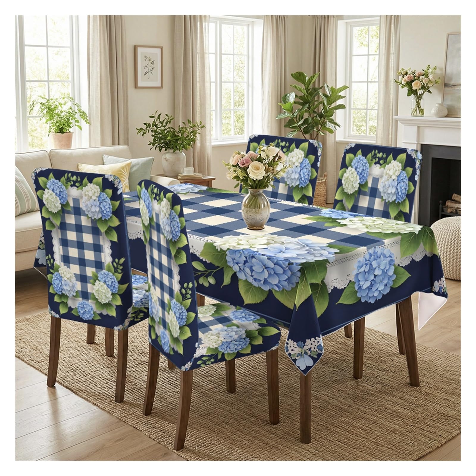 BOSUYBN Navy Blue Gingham Hydrangea Floral Dining Tablecloth & Chair Covers Set, 5/7 Piece Country Cottage Farmhouse Dining Room Home Decor Table Setting(5pcs Set: Tablecloth+Chair Covers)