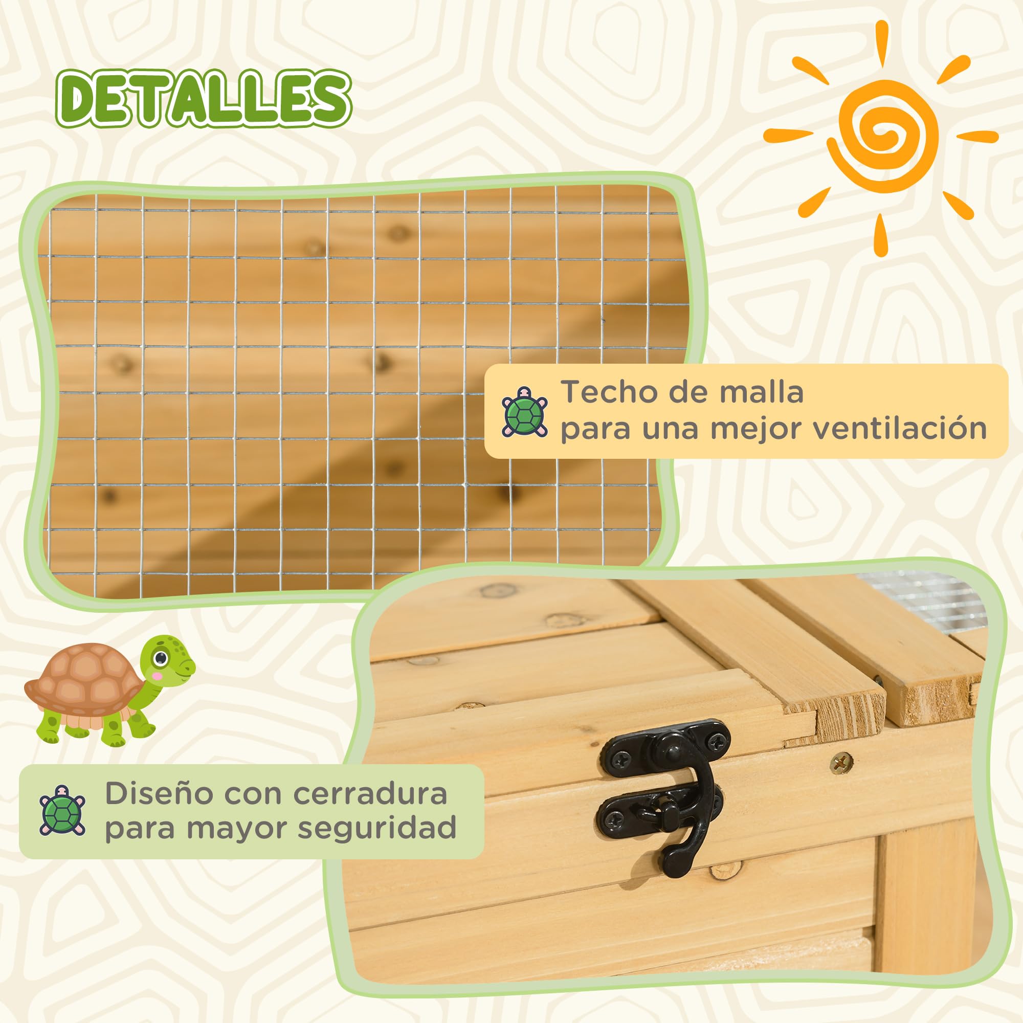 PawHut Casa para Tortugas de Madera, Terrario para Reptiles con Techo de Malla, Paneles Laterales Transparentes Extraíbles y Pestillo de Seguridad, Caseta para Tortugas, 91x60,5x32 cm, Natural — view 5