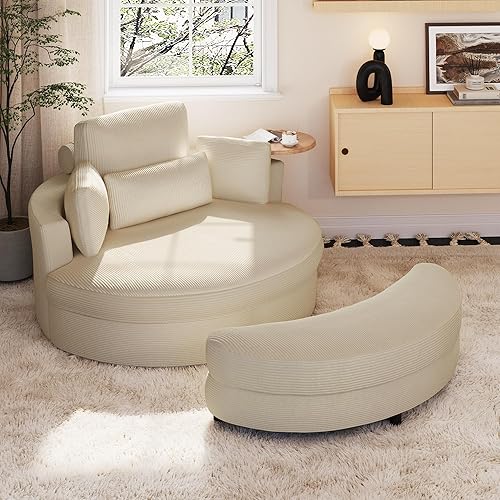 Miniatura 23 de Yoglad Silla redonda giratoria de gran tamaño, sillas de 360 grados con bandeja otomana para reposabrazos ideal para sala de estar, dormitorio (pana