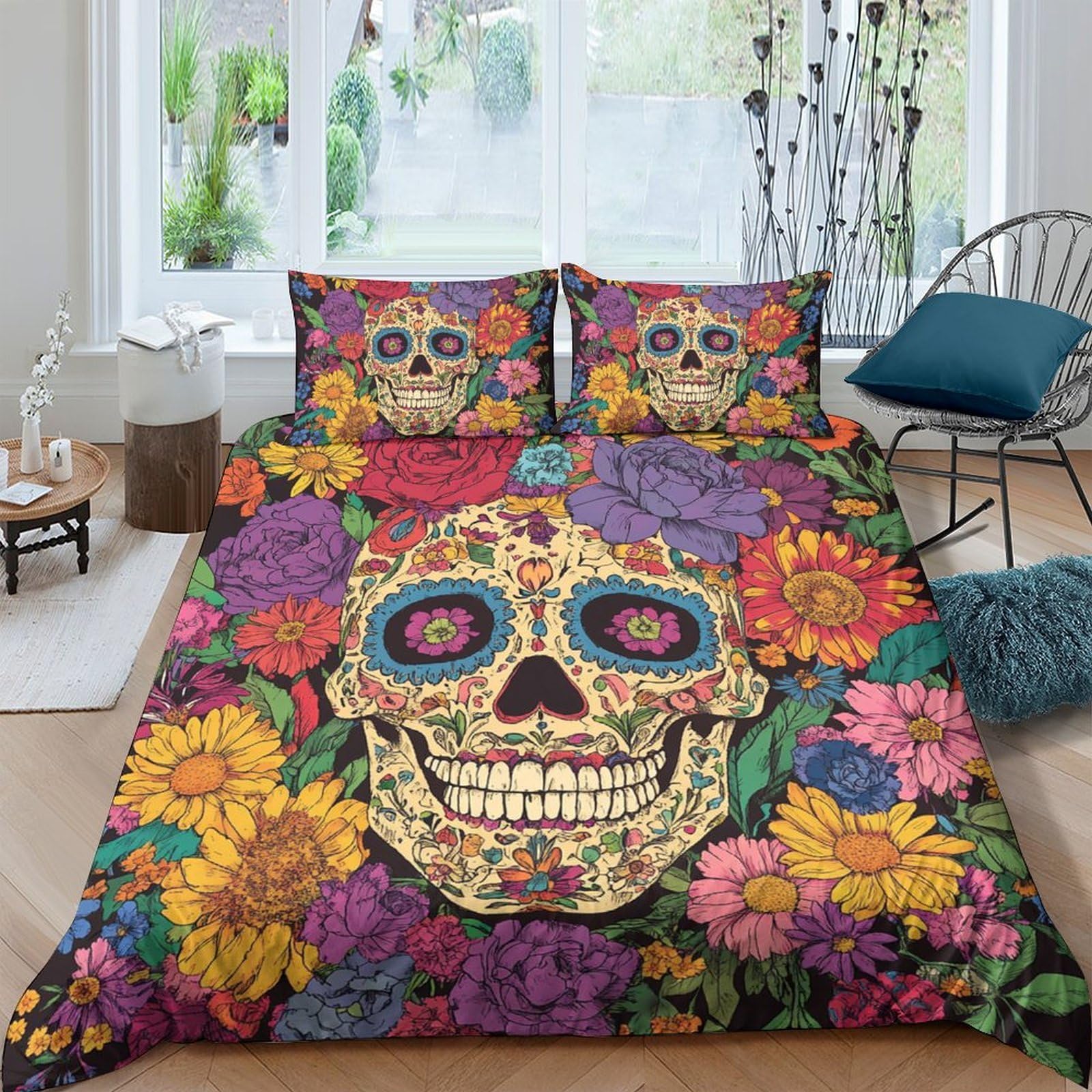 Ctjqhvkz Style-8 3D Printed Colorful Sugar Skull Fitted Sheet Microfiber Floral Day Of The Dead Mattress Cover For Bedroom Guest Room Decor Single（135X200cm）