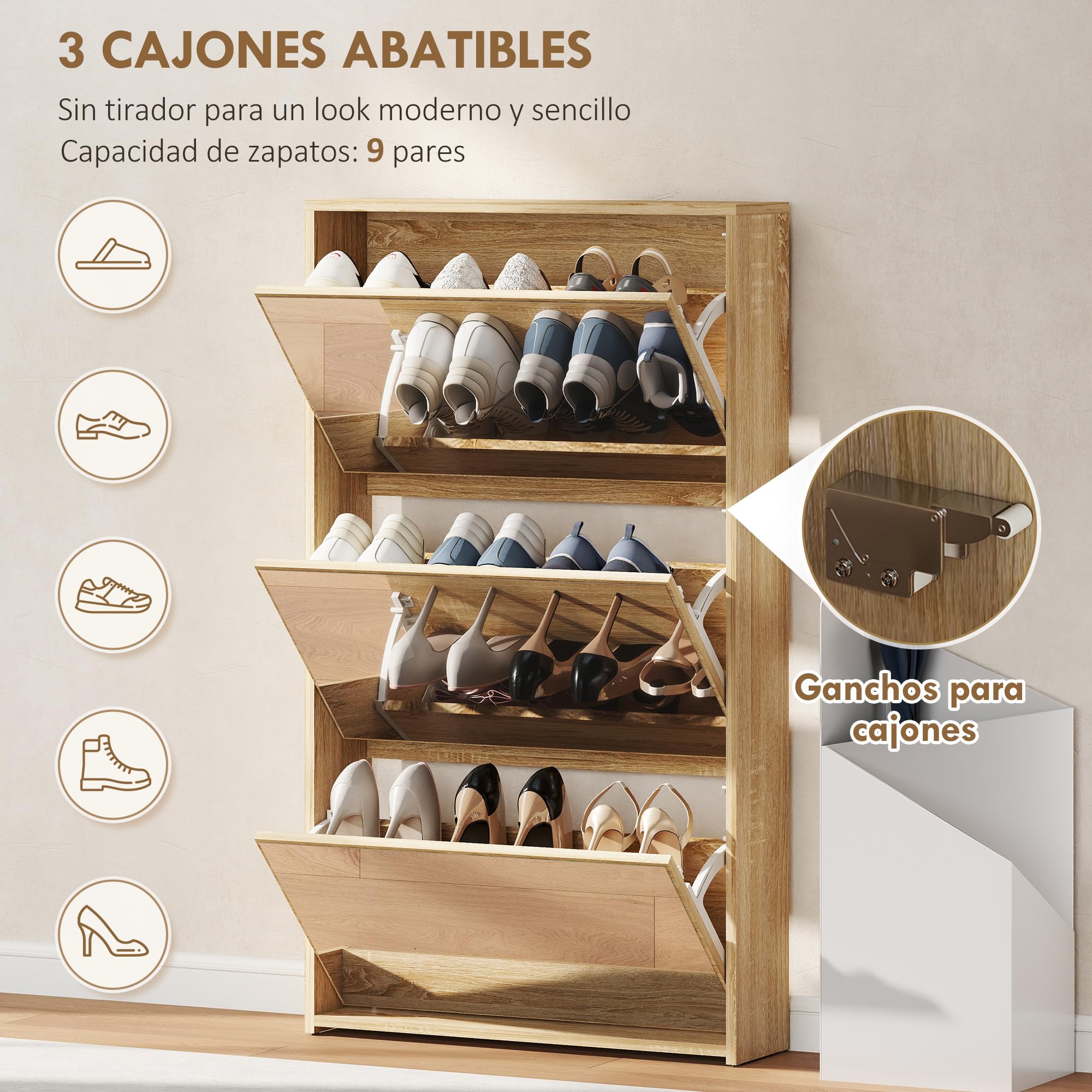 HOMCOM Zapatero Estrecho 3 Puertas con Espejo 65x17x114,5 cm Natural | Zapatero Entrada Recibidor, para 9 Pares de Zapatos, para Pasillo, Espacios Reducidos