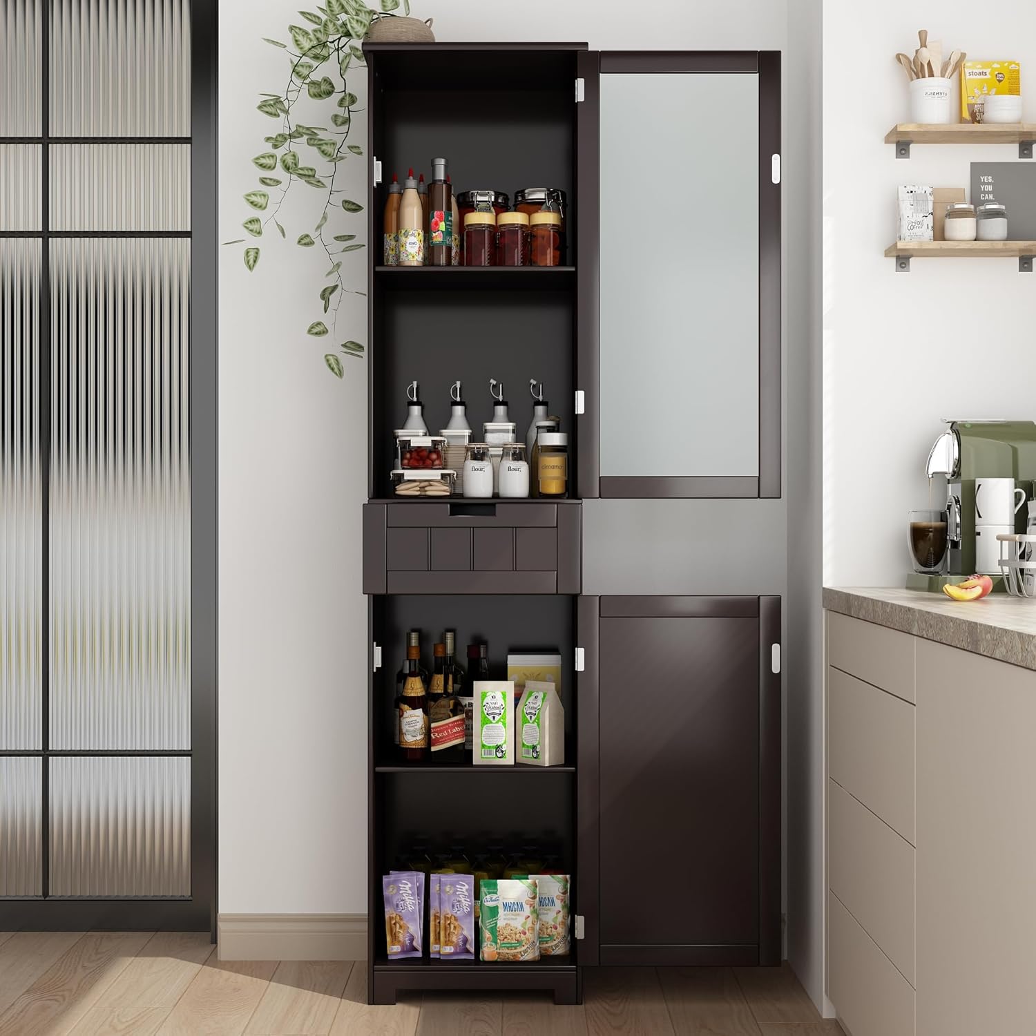 Tall Bathroom Cabinet with Glass Doors & Drawer, Freestanding Linen Tower Cabinet with Adjustable Shelves, Save Space Narrow Tall Cabinet for Living Room Bedroom, White(1 PCS)