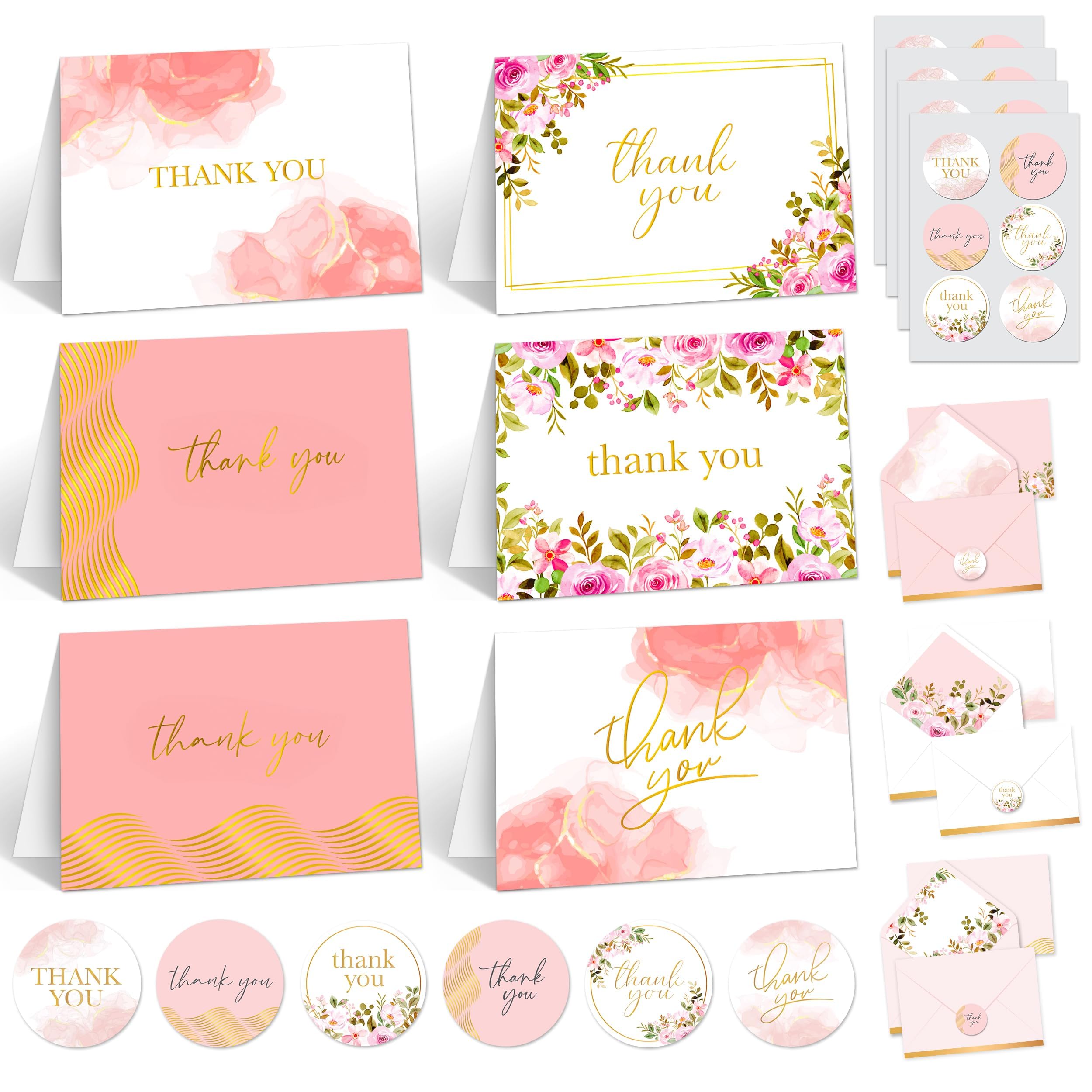 Decorably 24 Pack Gold-Foiled 6x4in Thank You Cards Pink with Envelopes & Stickers, 6 Elegant Designs for Friends, Family & Loved Ones, Blank Inside -