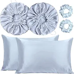 Kit 2 Fronha De Cetim Seda + 2 Toucas + 2 Xuxinhas (Prata)