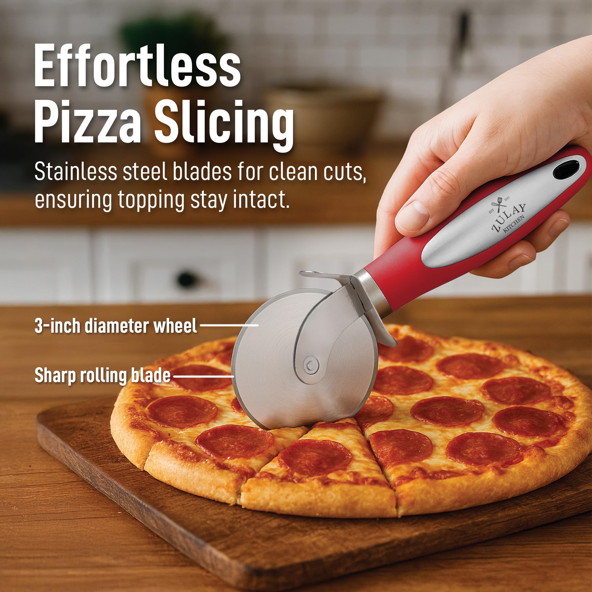 Zulay Kitchen Gran rueda para cortar pizza, cortador de pizza de acero inoxidable premium, fácil de limpiar y cortar, rueda para pizza, súper afilado, mango antideslizante y apto para lavavajillas,