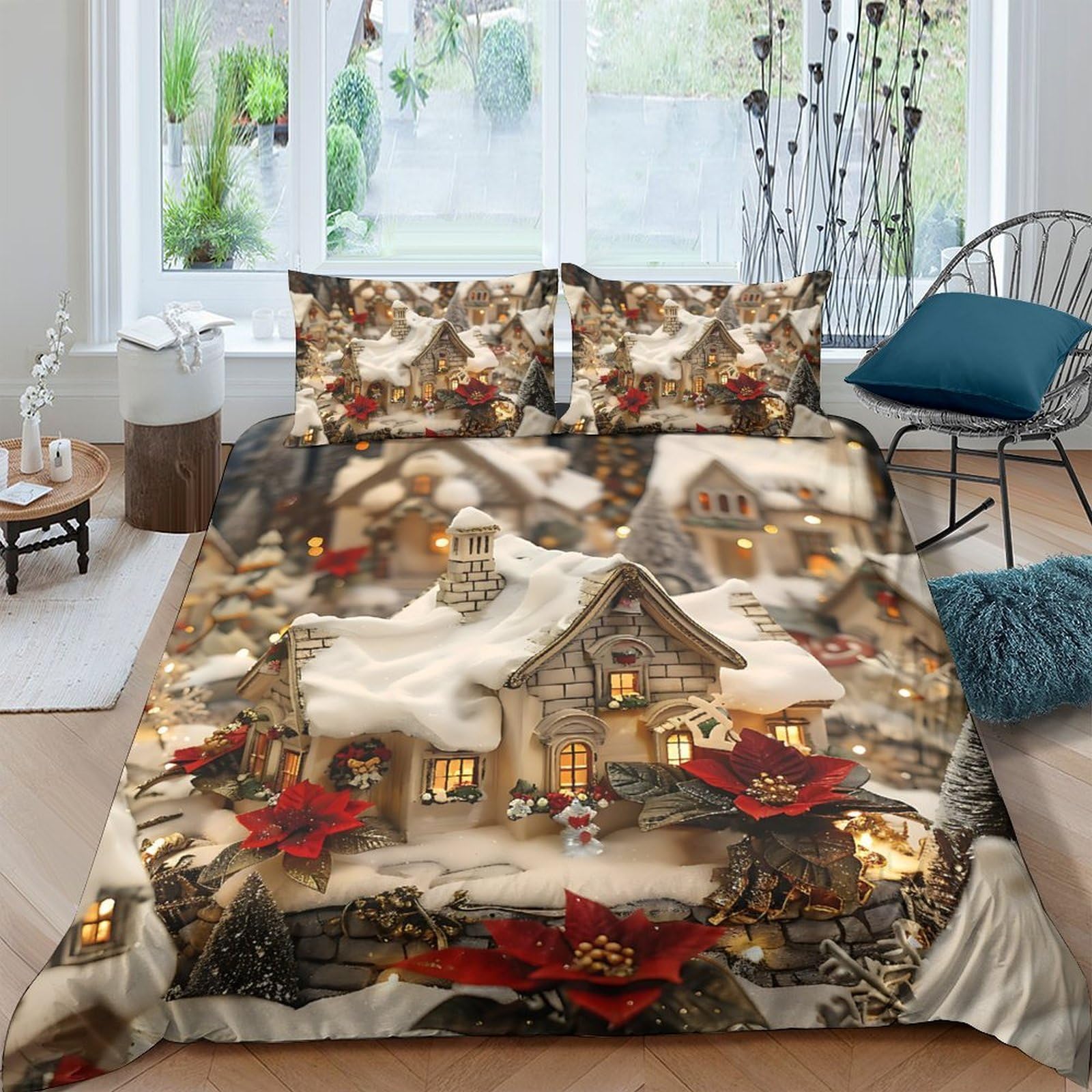 Ctjqhvkz Style-5 3D Printed Winter Cottage Fitted Sheet Microfiber Christmas Snow Village Bed Cover For Bedroom Guest Room Decor Single（135X200cm）