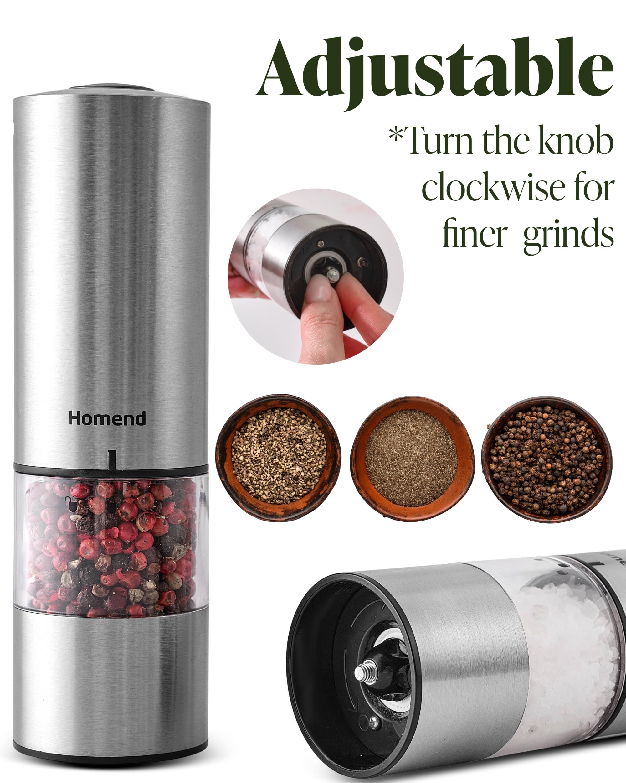 Homend Grindgo Electric Salt & Pepper Grinder, Included USB-C, Rechargeable, LED Indicator, Adjustable Ceramic Mill - Image 3