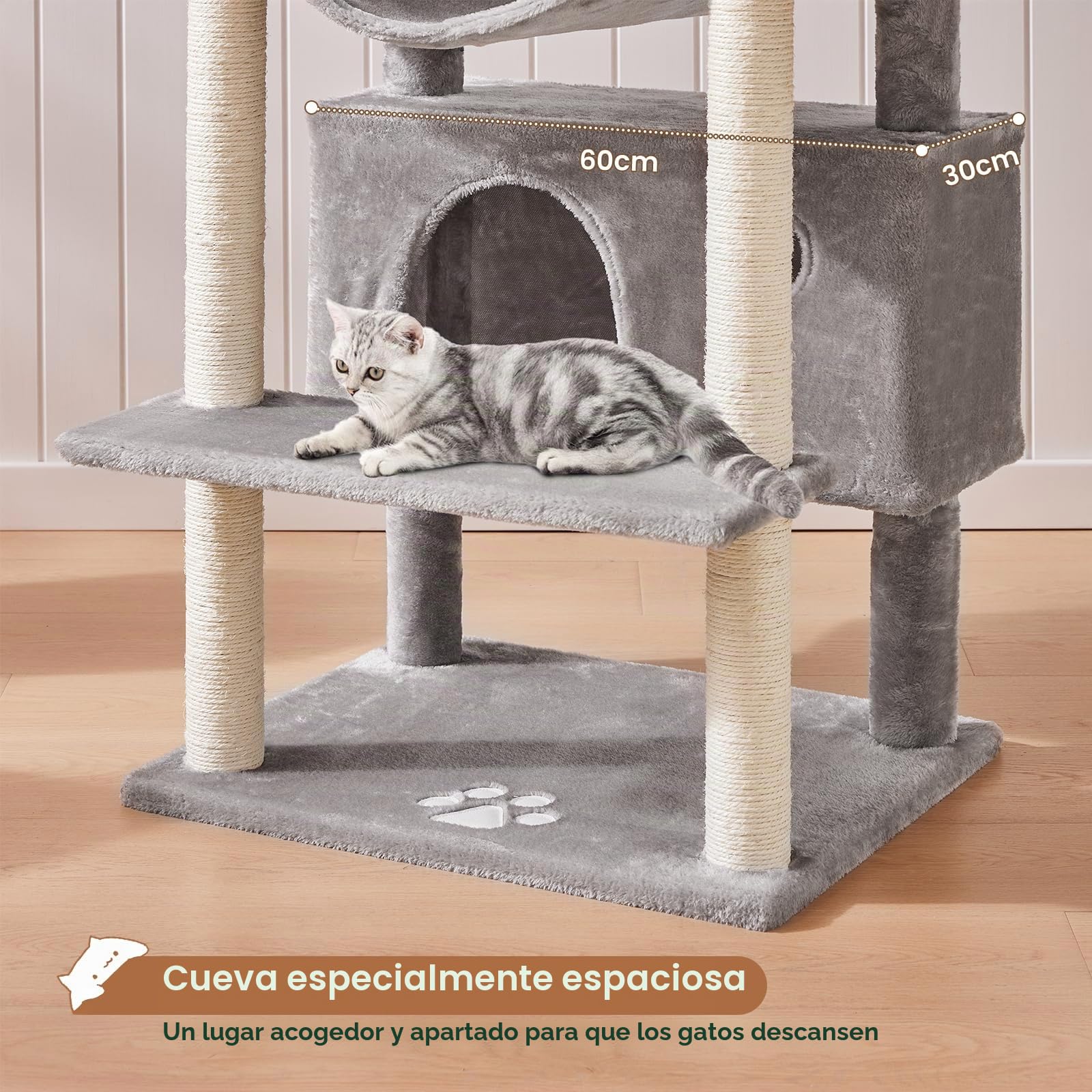 MSmask Rascador grande XXL, 175 cm, estable con 3 plataformas de observación, para gatos grandes, columna rascador con sisal, gris claro