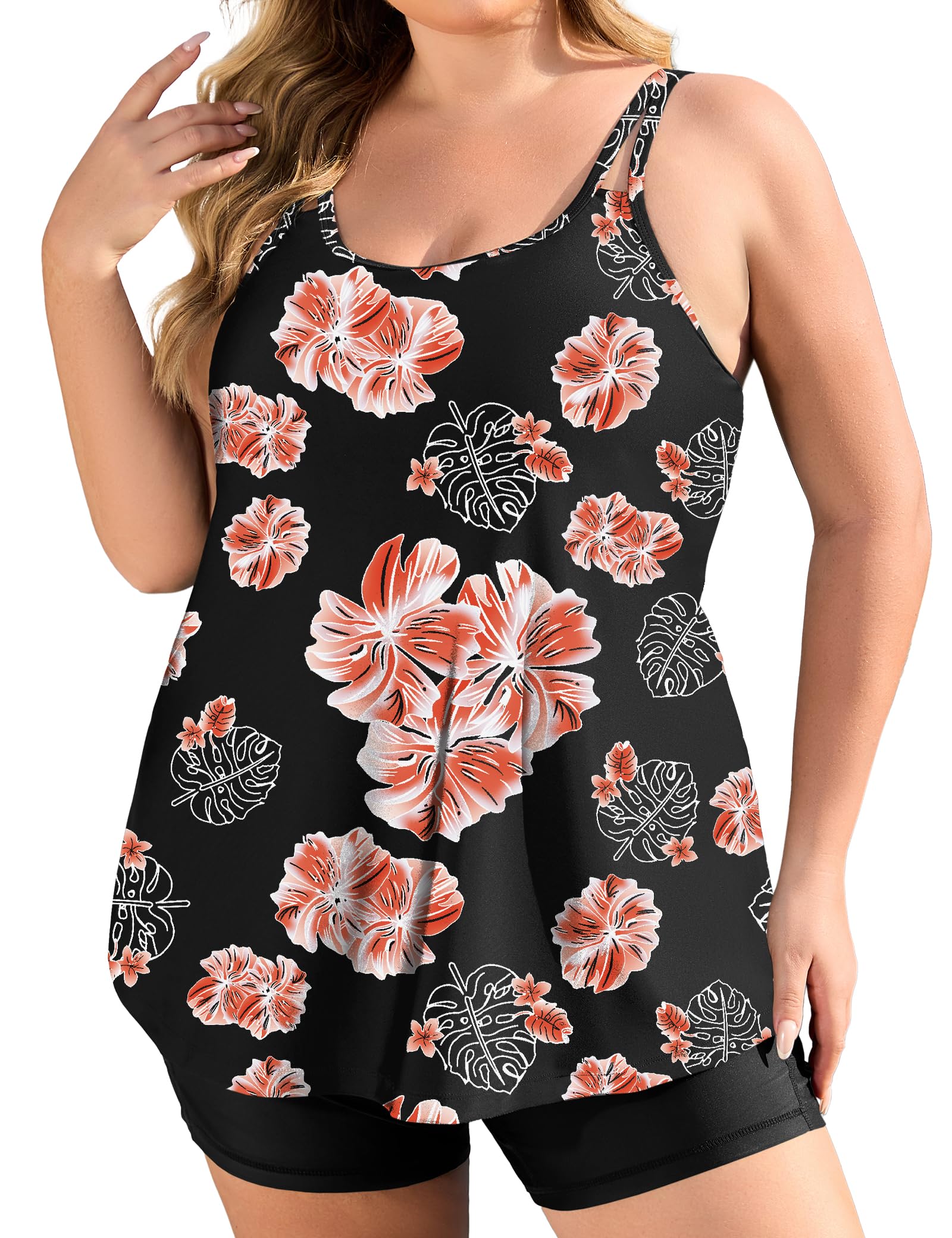 FOREYOND Plus Size 2 Piece Swimsuit for Women Tankini Bathing Suits Flowy Swim Tops with Boy Shorts 1XL-5XL