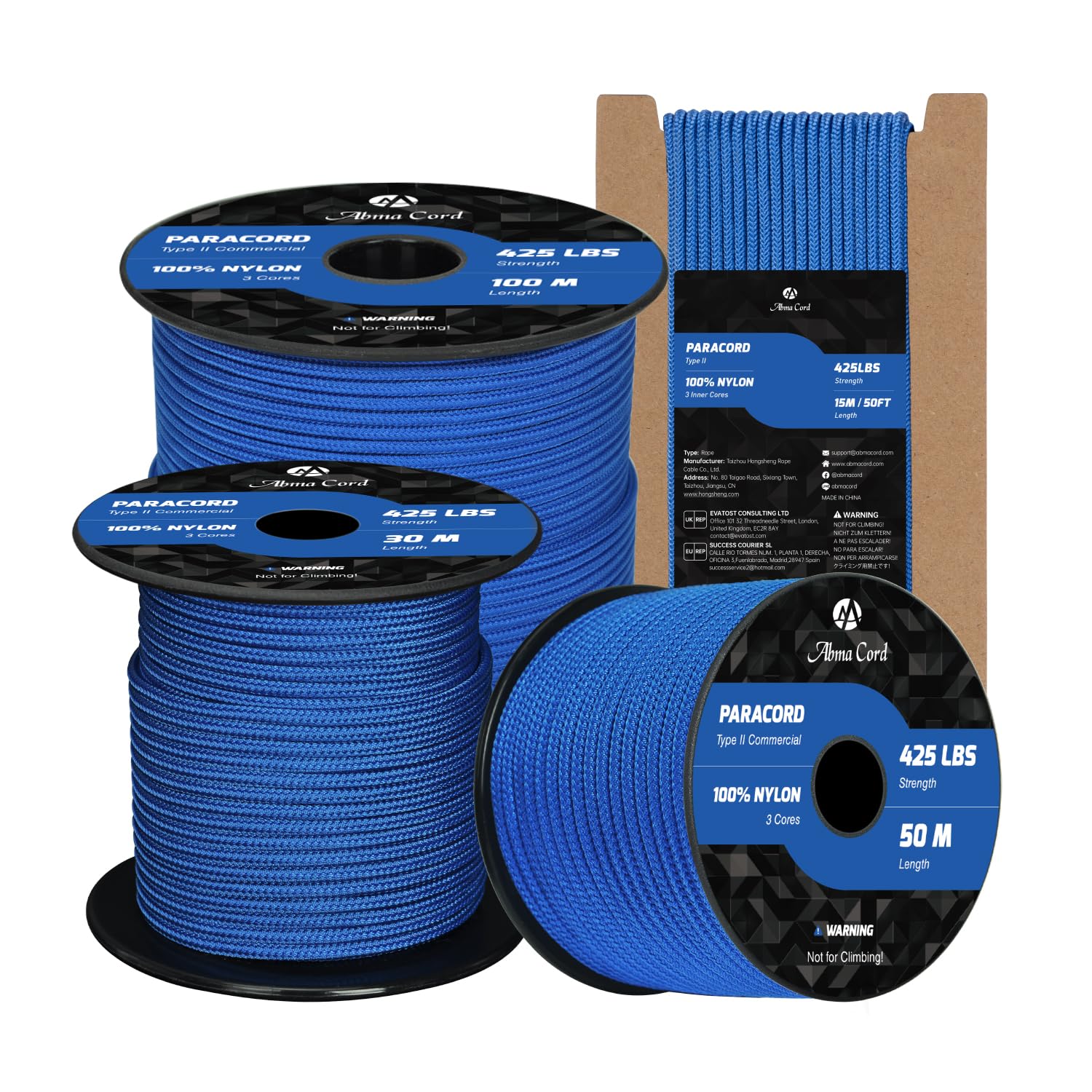 Abma Cord Paracord 3mm 15m 100% Nylon Rope Type II 3 Strands Parachute Cord - Max. 192kg (425lbs) - Dark Blue