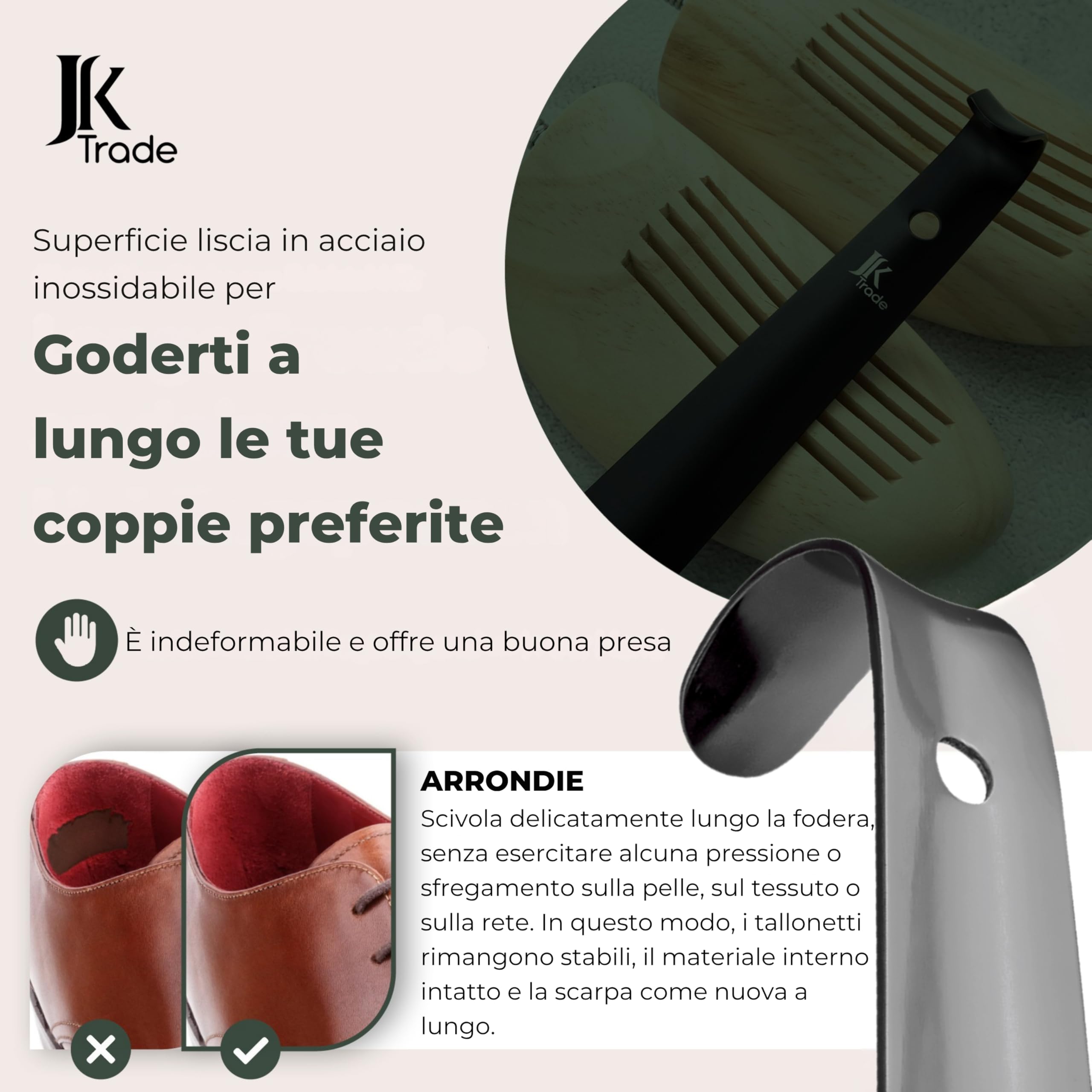 JK Trade Calzascarpe in acciaio inox stabile da 72 cm, lunghezza 2 mm, in metallo lucido, lungo per stare in piedi, veloce e delicato sulla schiena, lunghezza e larghezza ottimizzate | Shoe Horn |