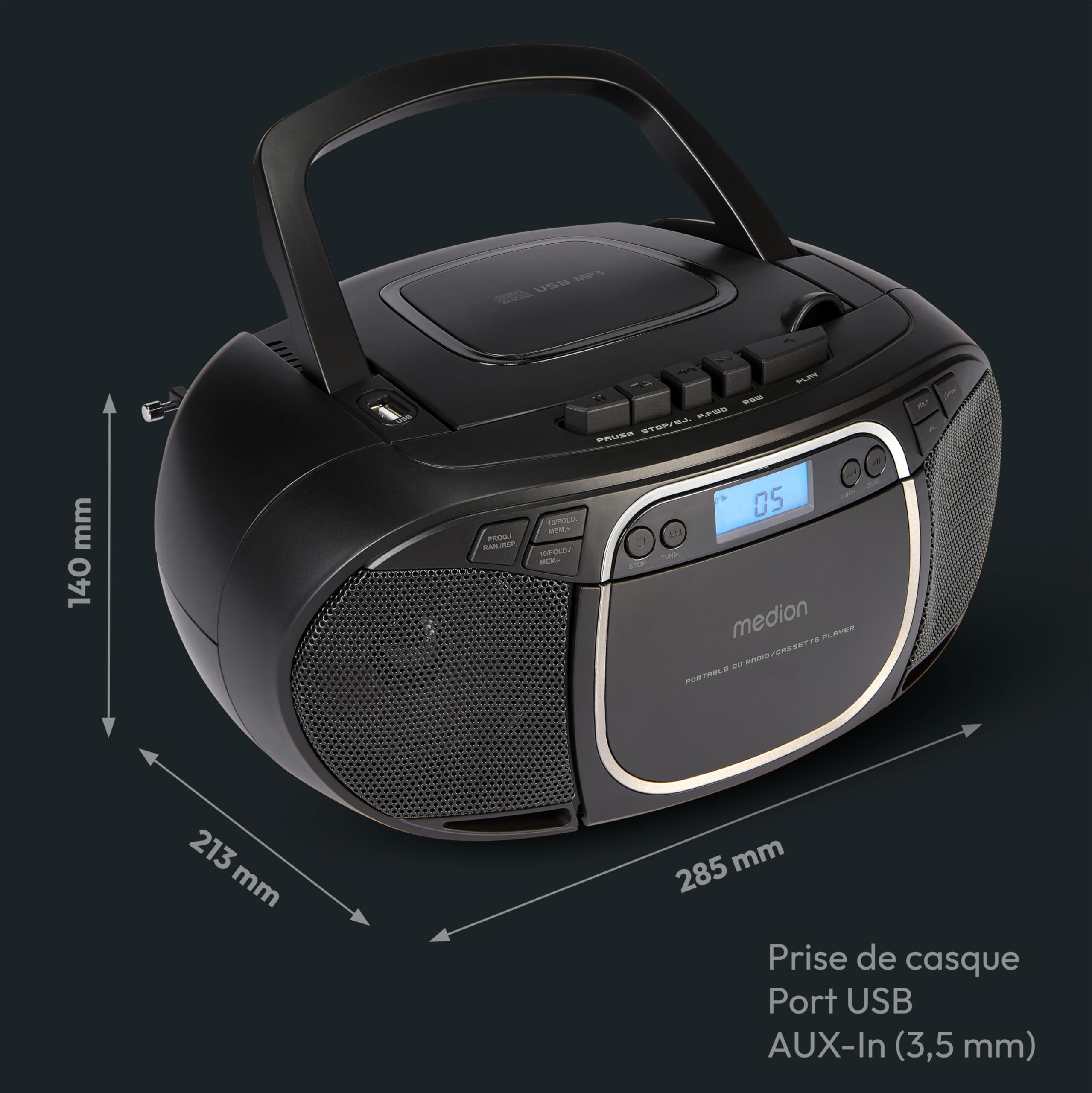 MEDION E66476 Stereo Sound System Boombox CD MP3 Cassette Radio FM AUX Noir
