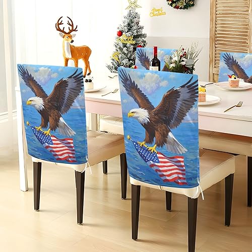 Miniatura 4 de Juego de 6 fundas decorativas para sillas de comedor del 4 de julio, diseño de pájaro marrón, para fiesta de cumpleaños, fundas lavables para sillas