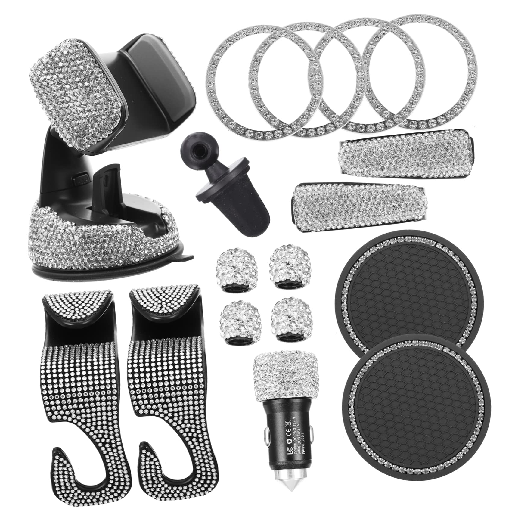 PLAFOPE Supporto Telefono Auto Strass Bianco, ABS, Rotazione | Smartphone 4-6, 2 Pollici, Base Bocchetta Sostituibile, Finitura Elegante Scintillante