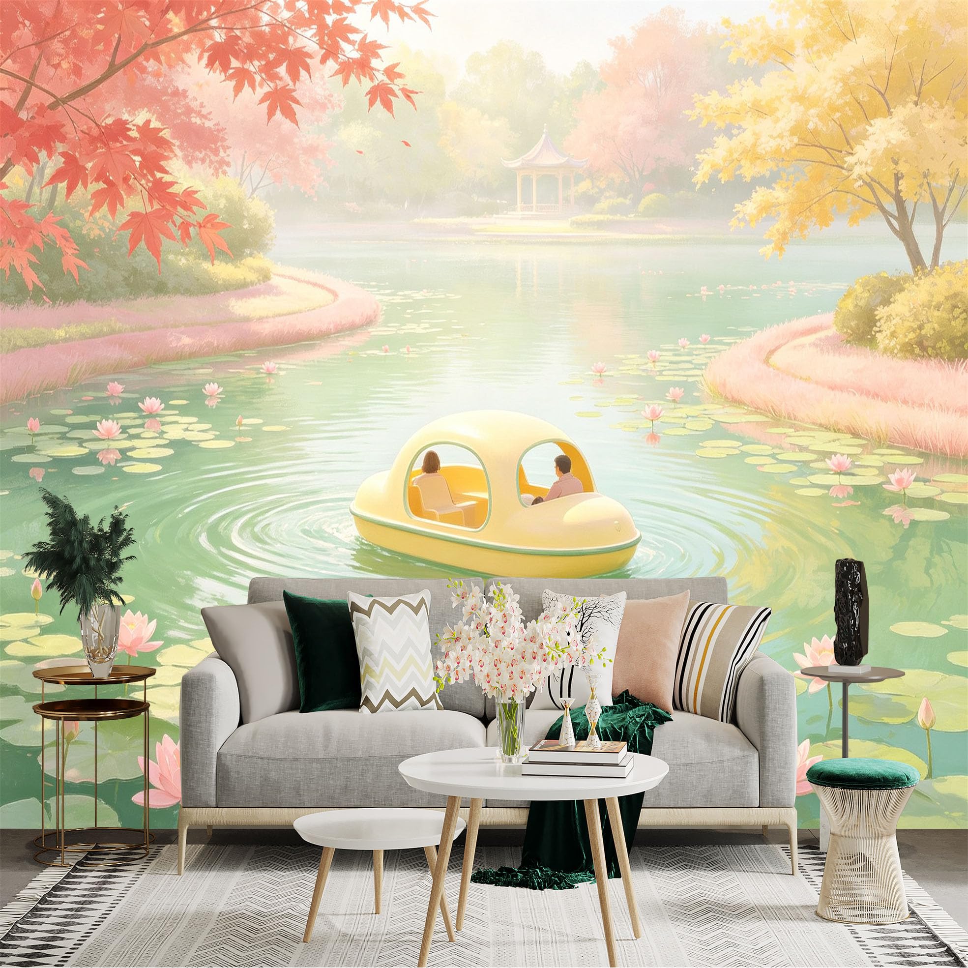 Custom Size Wall Sticker Mural， Dreamy Pond with Lotus Flowers， Romantic Boat Ride， Peaceful Garden Pavilion， Spring Scenery， for wall Decoration， peelandstick wall Decals.
