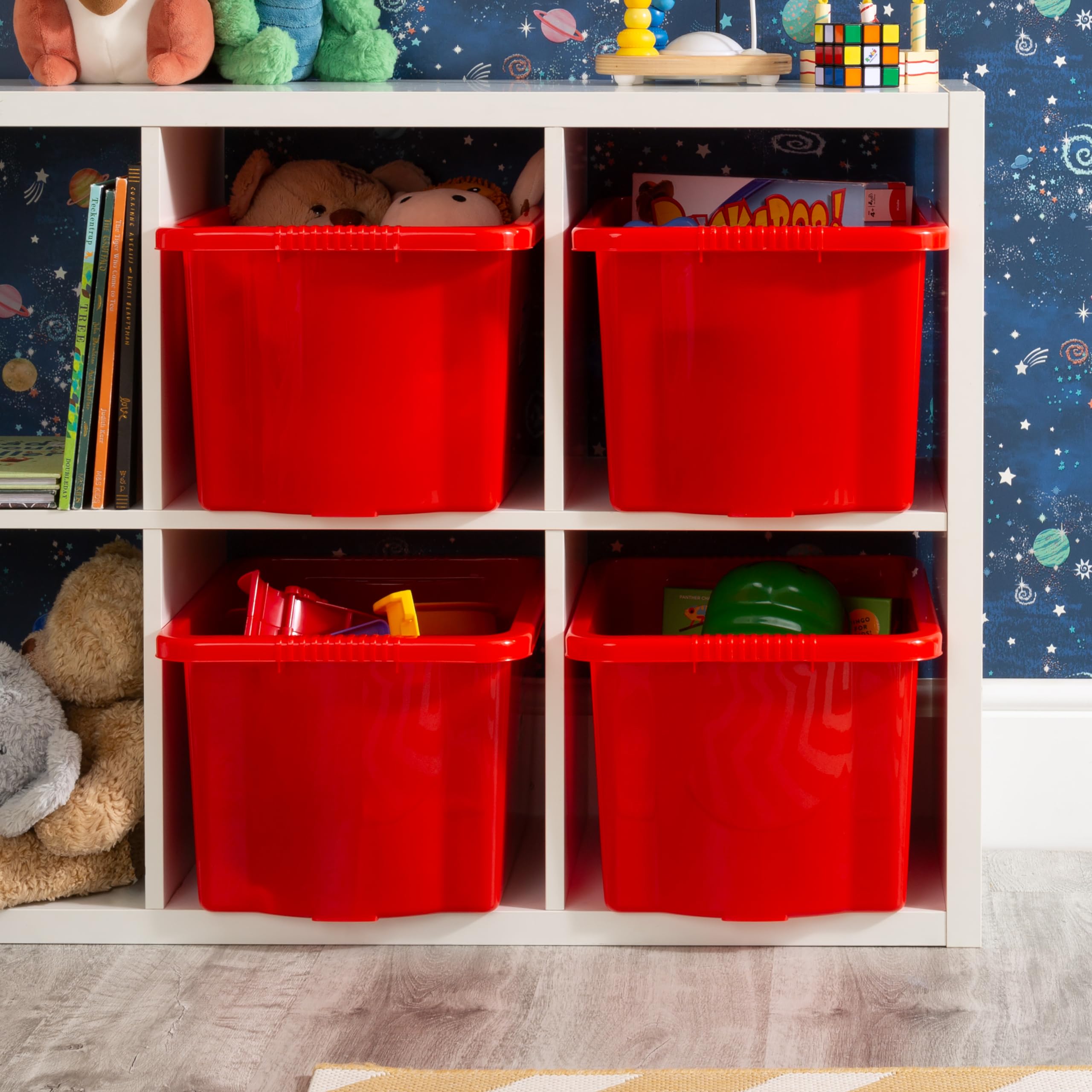 Wham Red Stack & Store 4 X 24L Plastic Storage Boxes | Ideal For Toys, Classrooms & Playrooms | Stackable & Nestable | Integrated Handles | Made In Uk