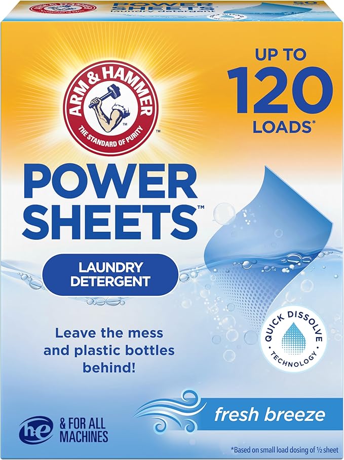 ARM & HAMMER Power Sheets Laundry Detergent, Fresh Breeze Scent, Dissolves in All Wash Temps, Lightweight and Travel-Ready, 60ct, Up to 120 Small Loads ARM & HAMMER Power Sheets Laundry Detergent, Fresh Breeze Scent, Dissolves in All Wash Temps, Lightweight and Travel-Ready, 60ct, Up to 120 Small Loads