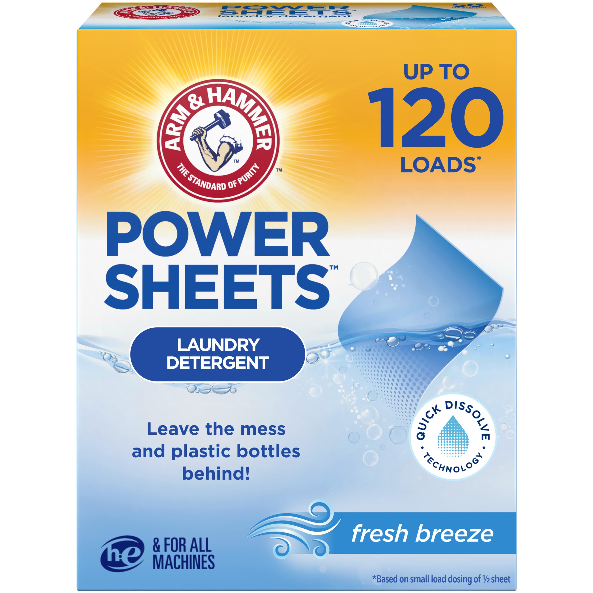 ARM & HAMMER Power Sheets Laundry Detergent, Fresh Breeze Scent, Dissolves in All Wash Temps, Lightweight and Travel-Ready, 60ct, Up to 120 Small