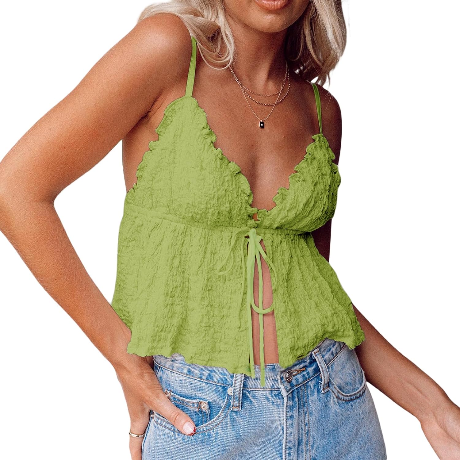 Mxiqqpltky Women Cute Bow Tie Up Camisole Sexy V Neck Sleeveless Spaghetti Strap Flowy Tank Top Y2K Ruched Crop Babydoll Top