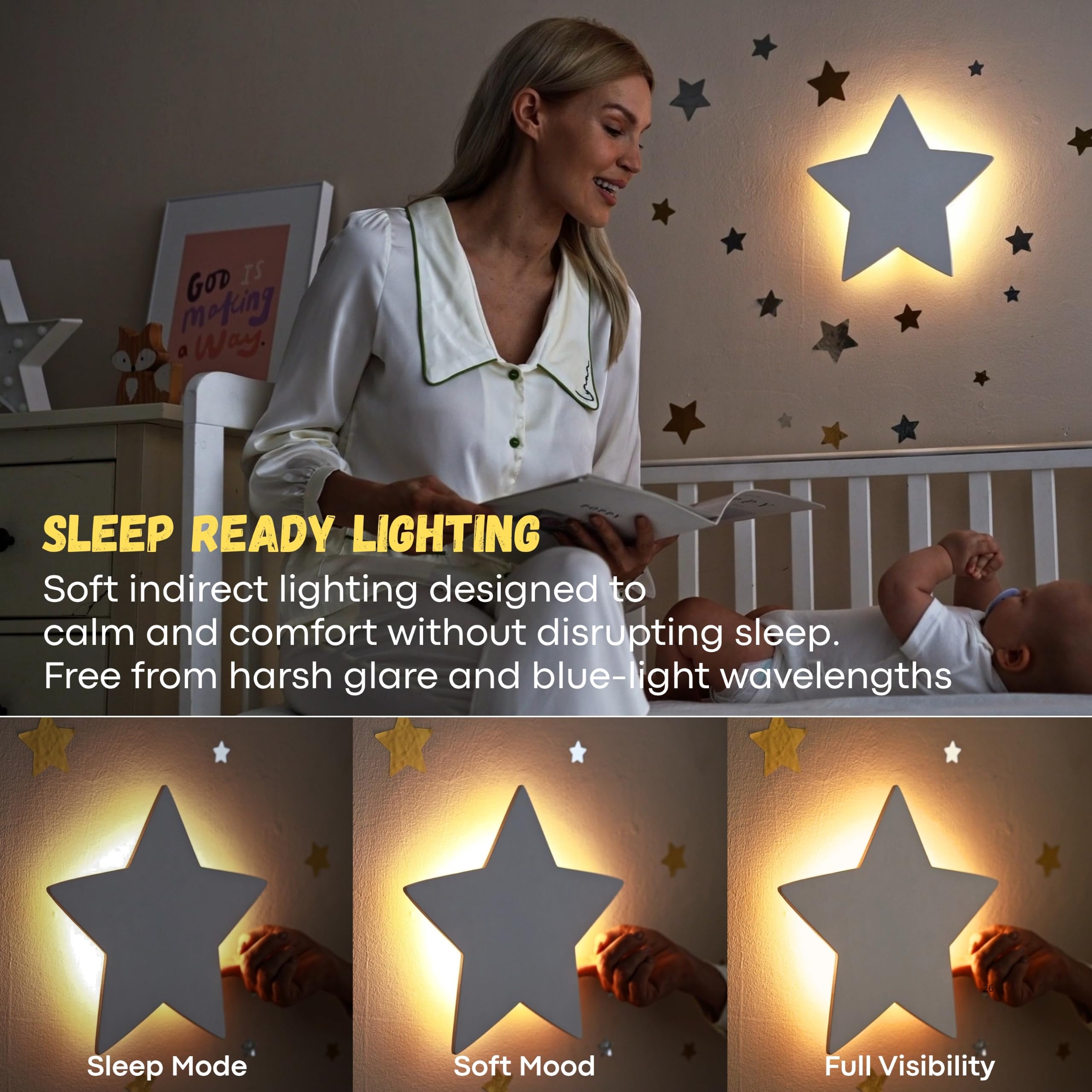 KALEOLI Lámpara de pared de estrella para guardería, luz nocturna suave para recién nacidos y niños pequeños, recargable y regulable (calcomanías de luna y estrella incluidas)