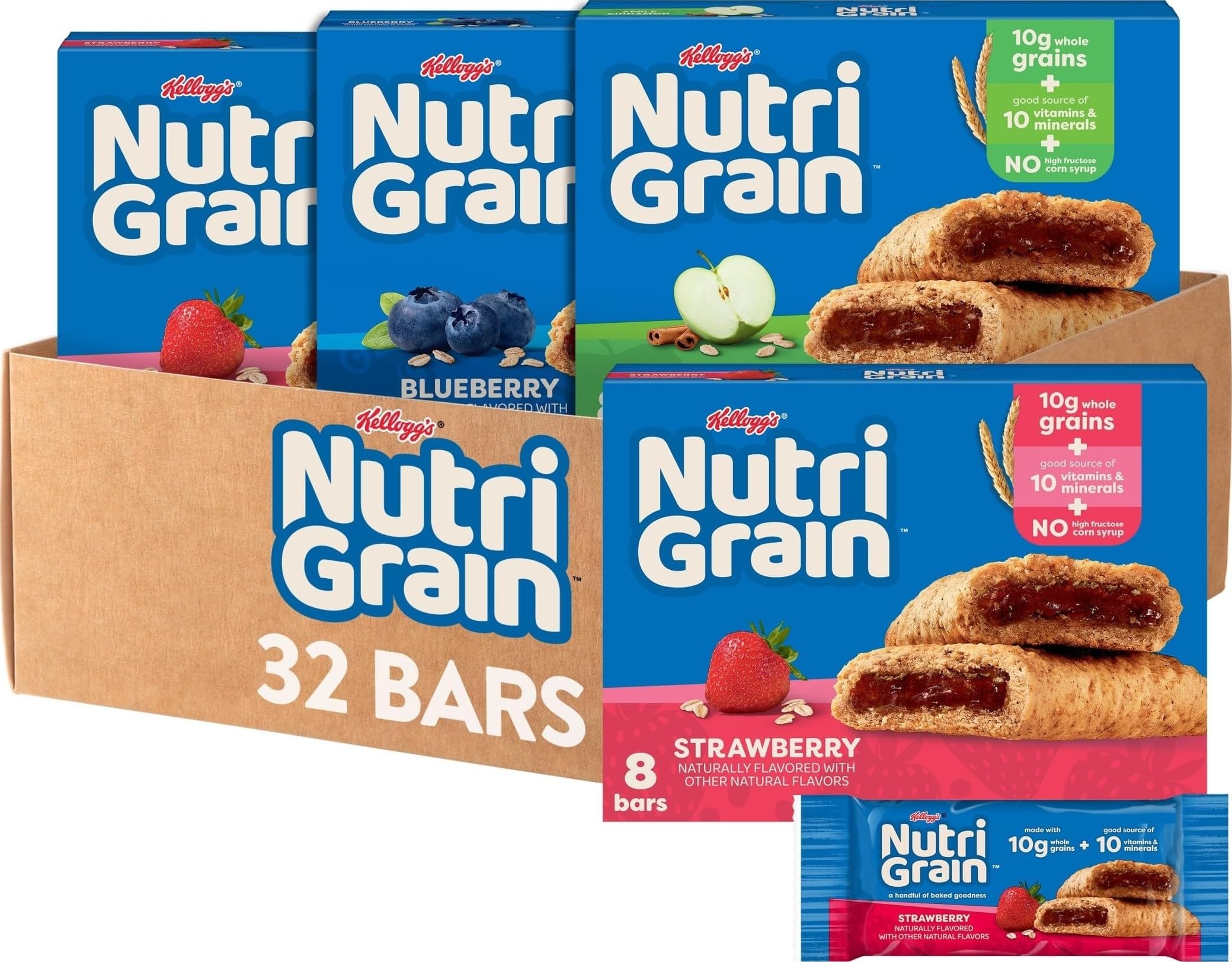Nutri-Grain Breakfast Bars, Made with 10g Whole Grains, Kids Snacks, 3-Flavor Variety Pack (4 Boxes, 32 Bars) Variety Pack 8 Count (Pack of 4)