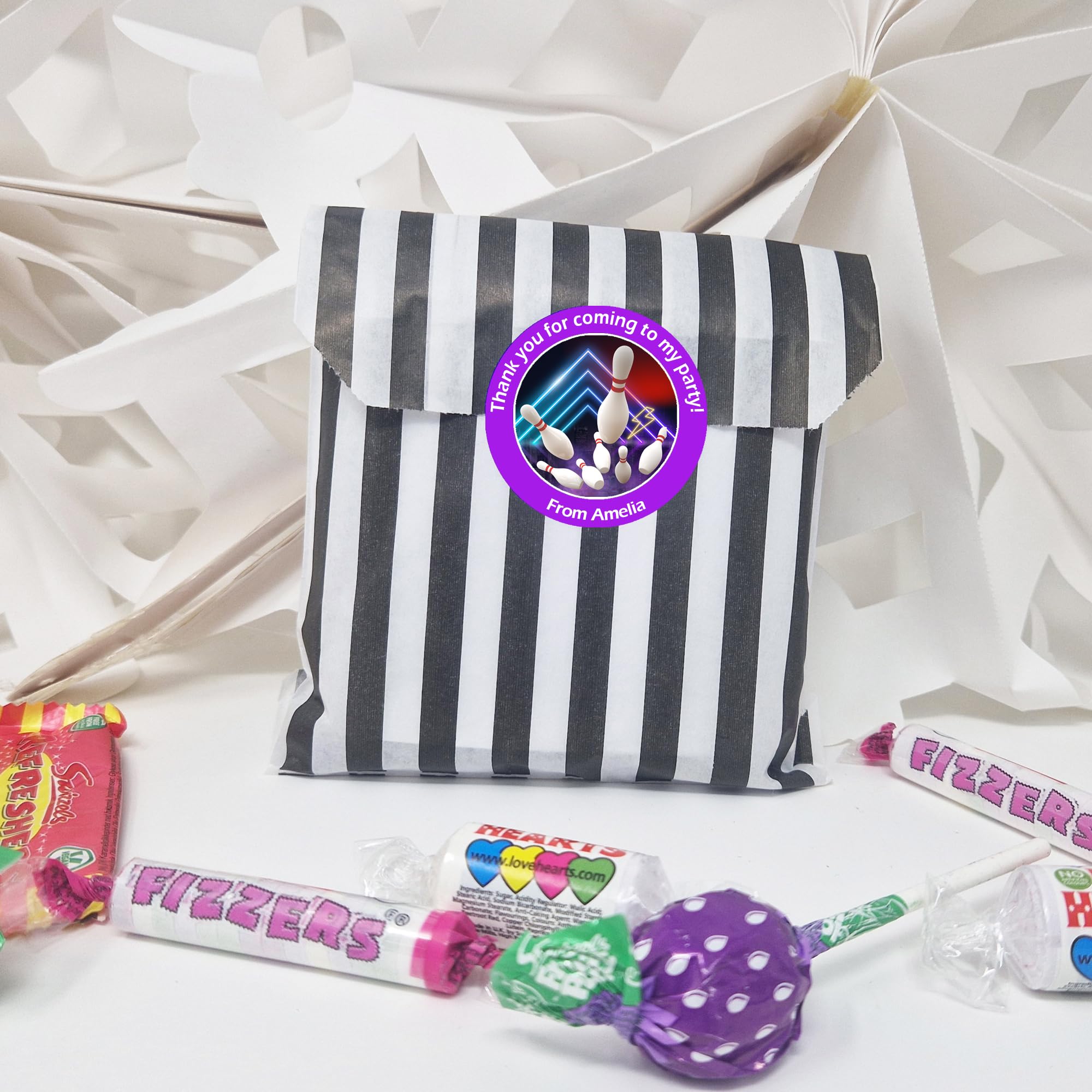Treasured Forever Limited Purple 24 Personalised Bowling Party Stickers – Thank You Labels For Sweet Cones & Favour Bags - Stickers & Empty Striped Bags