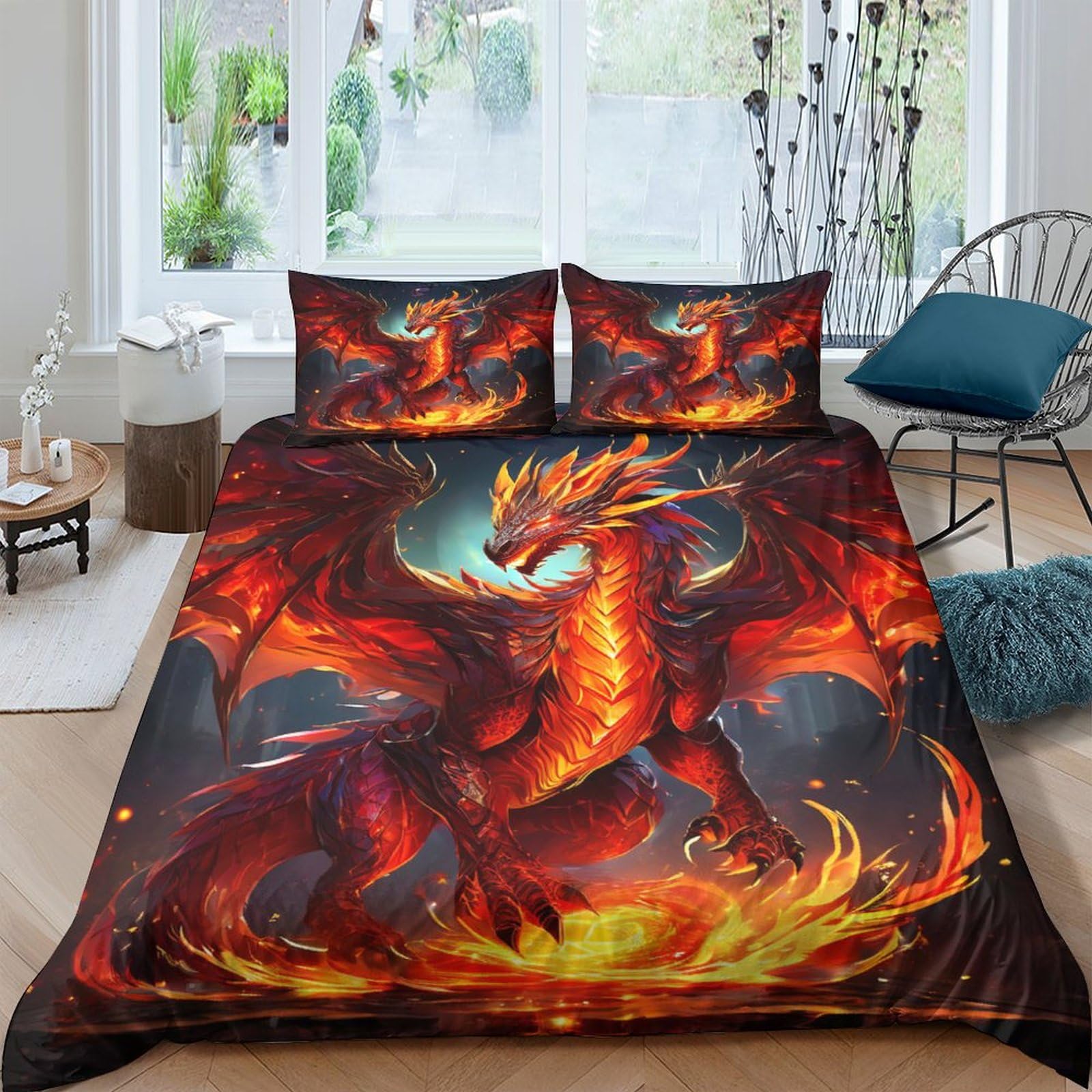 Qpirinmex Boys Flying Dragon-11 Flying Dragon Duvet Cover Set, 3 Piece 3D Print Bedding Set Print Duvet Set Quilt Cover With Pillowcases, Suitable For Girls Teen Adults Double（200X200cm）